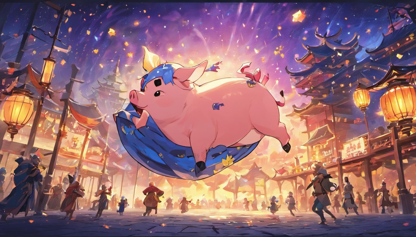 Mid-Autumn Festival，(large moon)，(((((Zodiac pig)))))，tradit，celebrating，fire works，((Kongming Lantern))，Don't anthropomorphize，Don't be human，In the celebration street