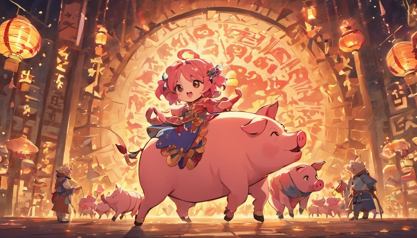 Mid-Autumn Festival，(large moon)，(((((Zodiac pig)))))，tradit，celebrating，fire works，((Kongming Lantern))，Don't anthropomorphize，Don't be human，In the celebration street