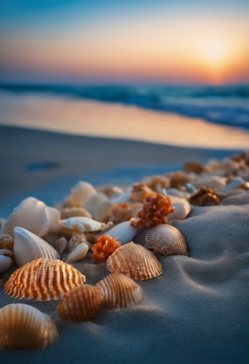 A beautiful beach with sparkling waters in Shanghai and a variety of shells and corals。In the distance is a luxurious hotel, and near is a lively night market where people enjoy the sun and the beauty of the sea。