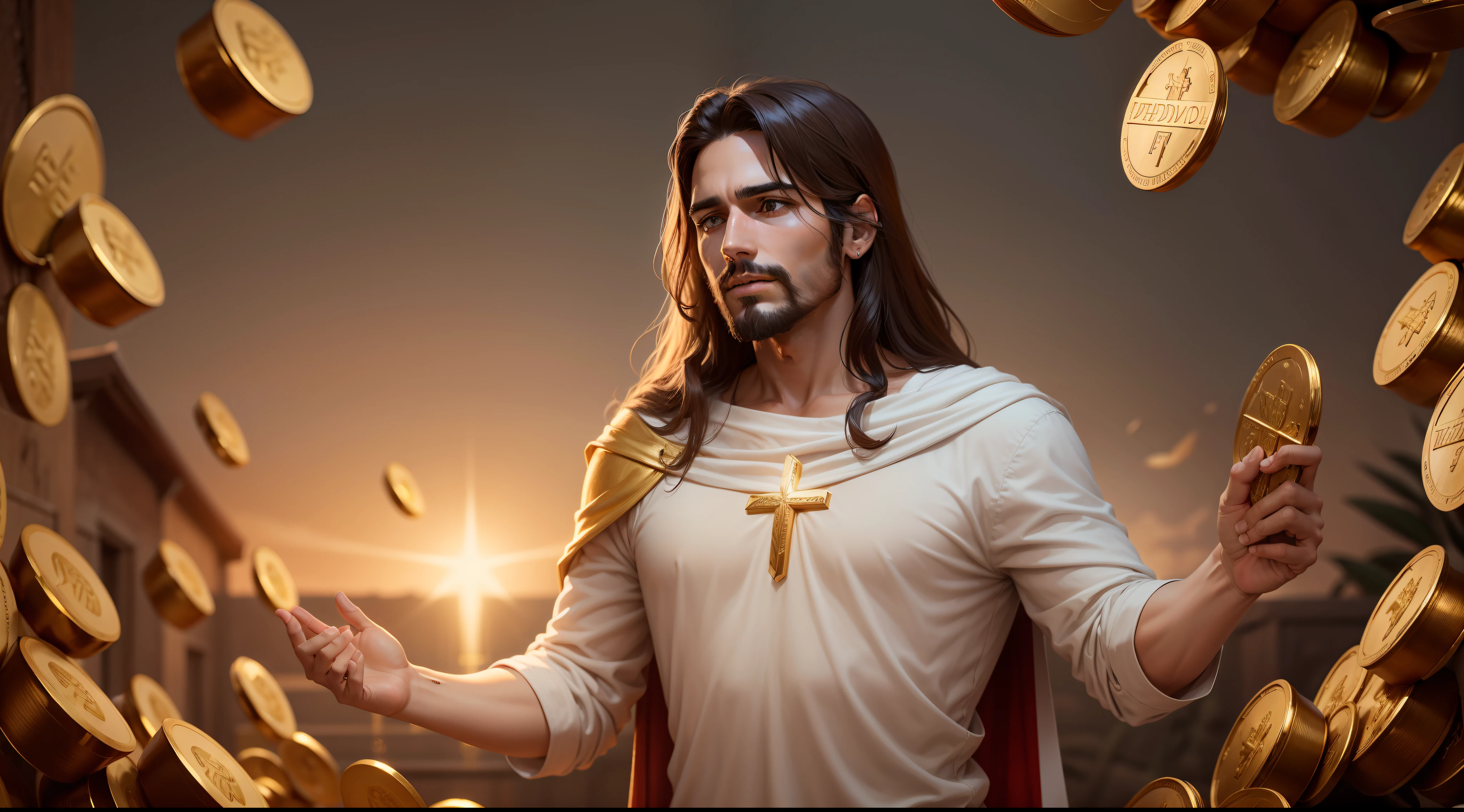 Jesus rezando ao canto direito, no fundo da imagem podemos ver moedas douradas e riqueza em dourado