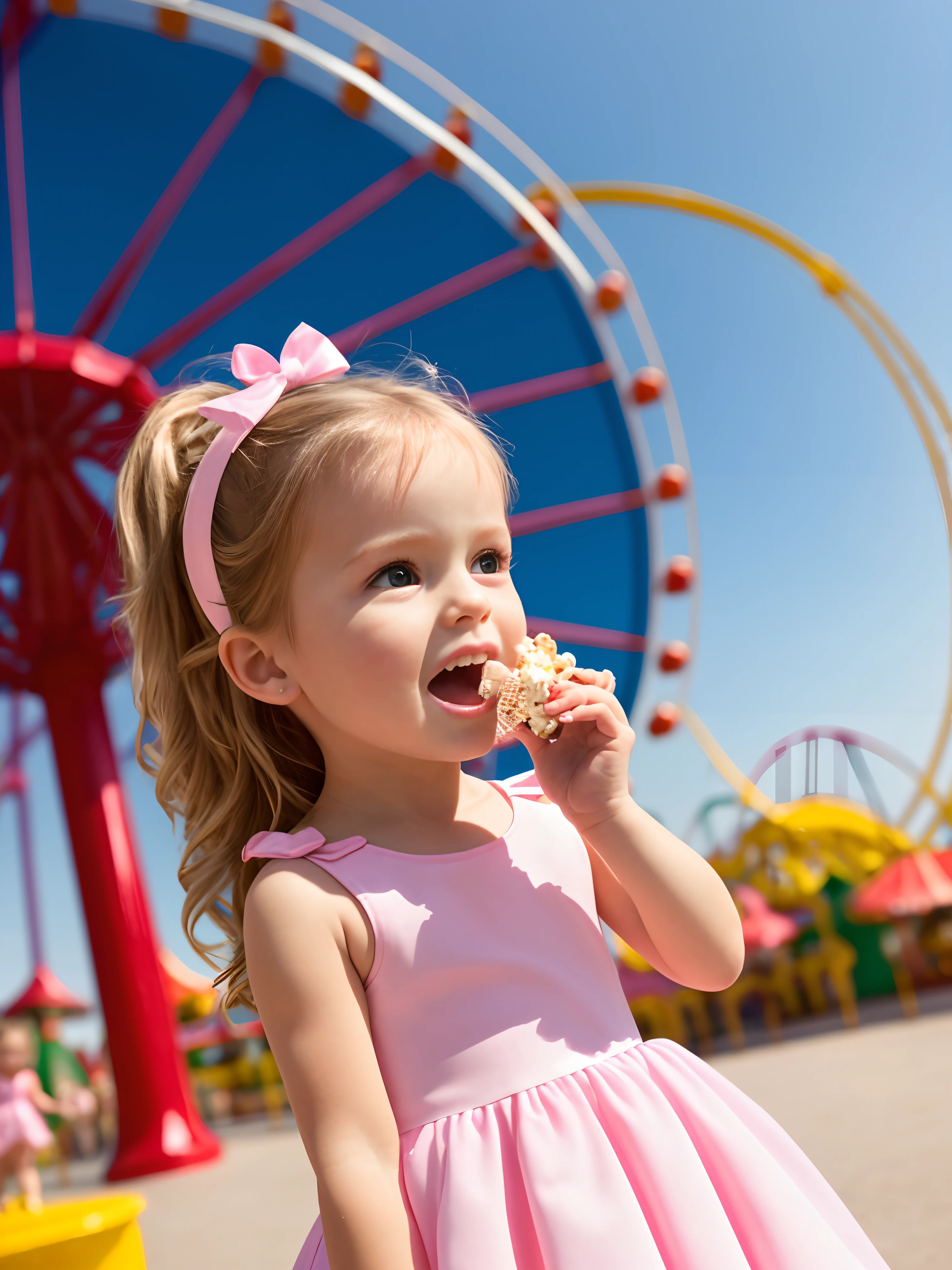garota, 3 anos, angelic face, vestido rosa, comer pipoca, Amusement park scenery