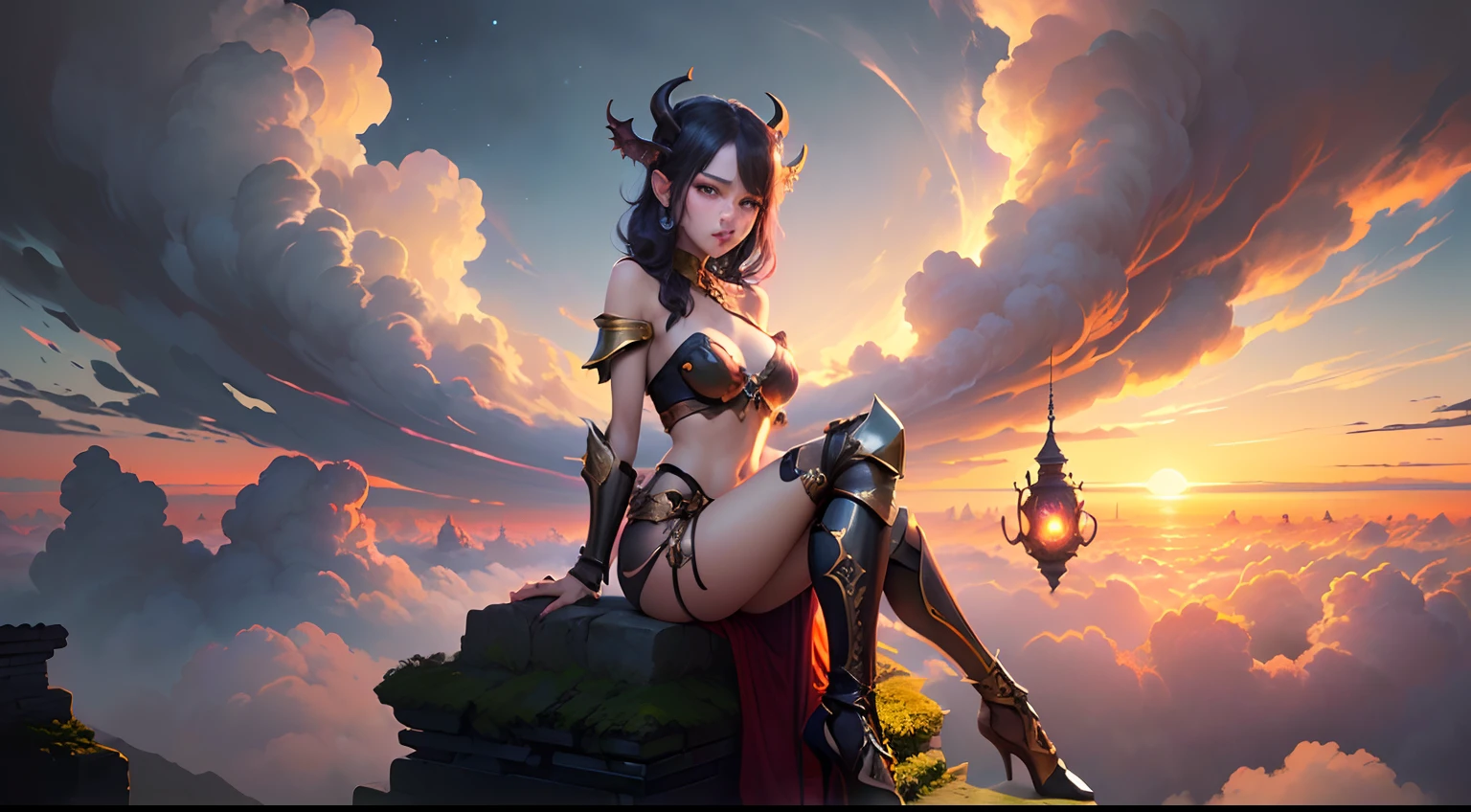((Need)), ((tmasterpiece)), (A detailed), Enchanting succubus, Sexy beauty, Perched in clouds, (fantasy illustrations:1.3), Seductive gaze, captivating posture, tight top, wearing golden armour,otherworldly charm, Mysterious Sky, Strange fire clouds,the setting sun,Chibi Ancient City,Large portrait building。