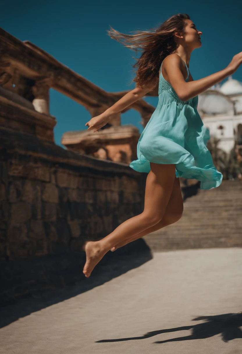 Beautiful girl wearing a summer dress、15yo student、black athlete very short hair、japanes、(heavy wind)、Wistful expression、Spinning、sandal、