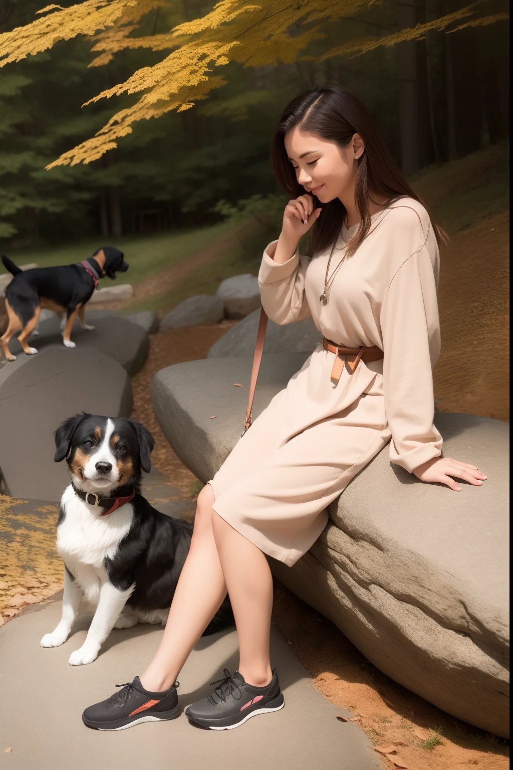 Woman sitting on a rock with dog on a leash, autum, with dogs,