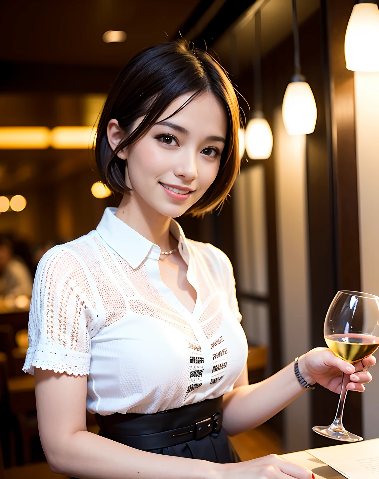 (64K, UHD, top quality, masterpiece: 1.2), (realistic, photorealistic: 1.37), super detailed, pretty woman 1 person, (slim face), (slim body), (brown hair), (short cut), cheeks slightly blushing, (44 years old), 38 years old, solo, beautiful detailed urban night view outside the window, restaurant, wine glasses sit, at night, in a prominent placeNovaFrogStyle, Actress, Model, Waist Up, White Wine, Slim, Wine Glass, Super Clean Night View, Wine Glass Put in the Middle, Happy Smile, (Smile: 1.15), Beautiful Fine Eyes, Upper Body, Bust Japan Up, Night, Short, Short, Actress, Model, Waist Up, White Wine, Slim, Wine Glass, Super Clean Night View, Wine Glass Put in the Middle, Happy Smile,