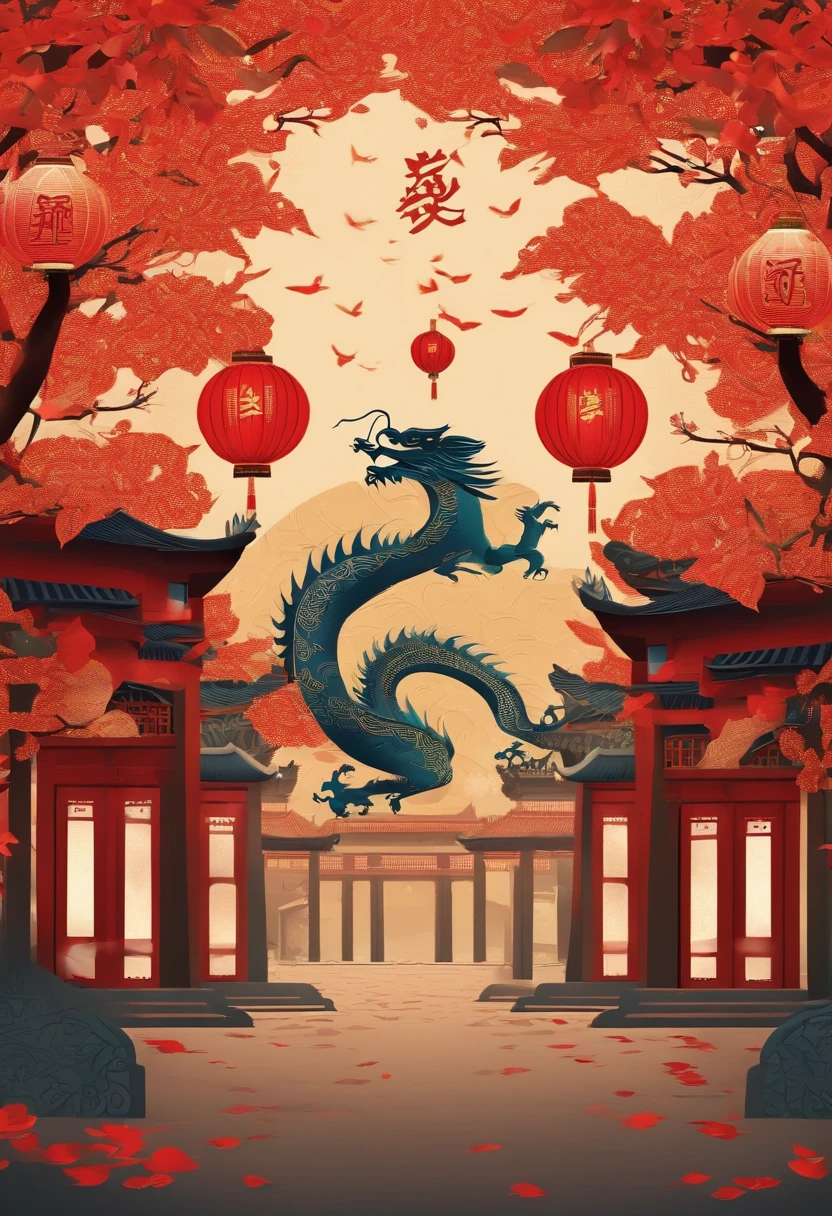 Paper Cuttings style,Oriental style pattern style,There is a large zodiac dragon in the middle,On the streets of ancient China,Festive lanterns in the background