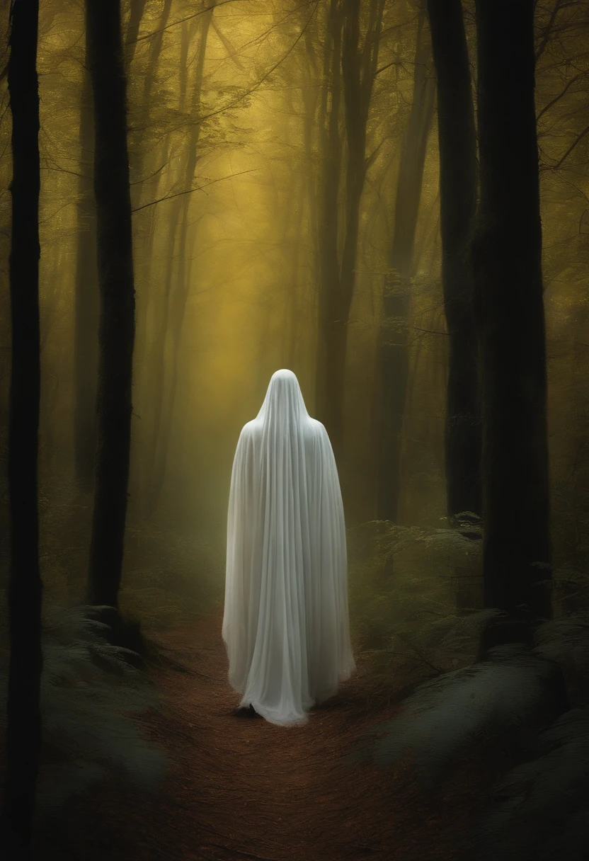 painting of a ghost walking through a forest with a yellow crown, haunted painting, ghostly ghost, haunting and spooky, scary ghost, ghostly, ghostly figure, hauntingly beautiful art, in a spooky forest, southern gothic art, spiritual eerie creepy picture, ghost, stood in a spooky forest, by Lee Madgwick, irridescent ghostly, floating ghost, ghostly spirits