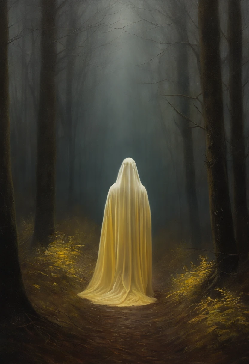 painting of a ghost walking through a forest with a yellow crown, haunted painting, ghostly ghost, haunting and spooky, scary ghost, ghostly, ghostly figure, hauntingly beautiful art, in a spooky forest, southern gothic art, spiritual eerie creepy picture, ghost, stood in a spooky forest, by Lee Madgwick, irridescent ghostly, floating ghost, ghostly spirits