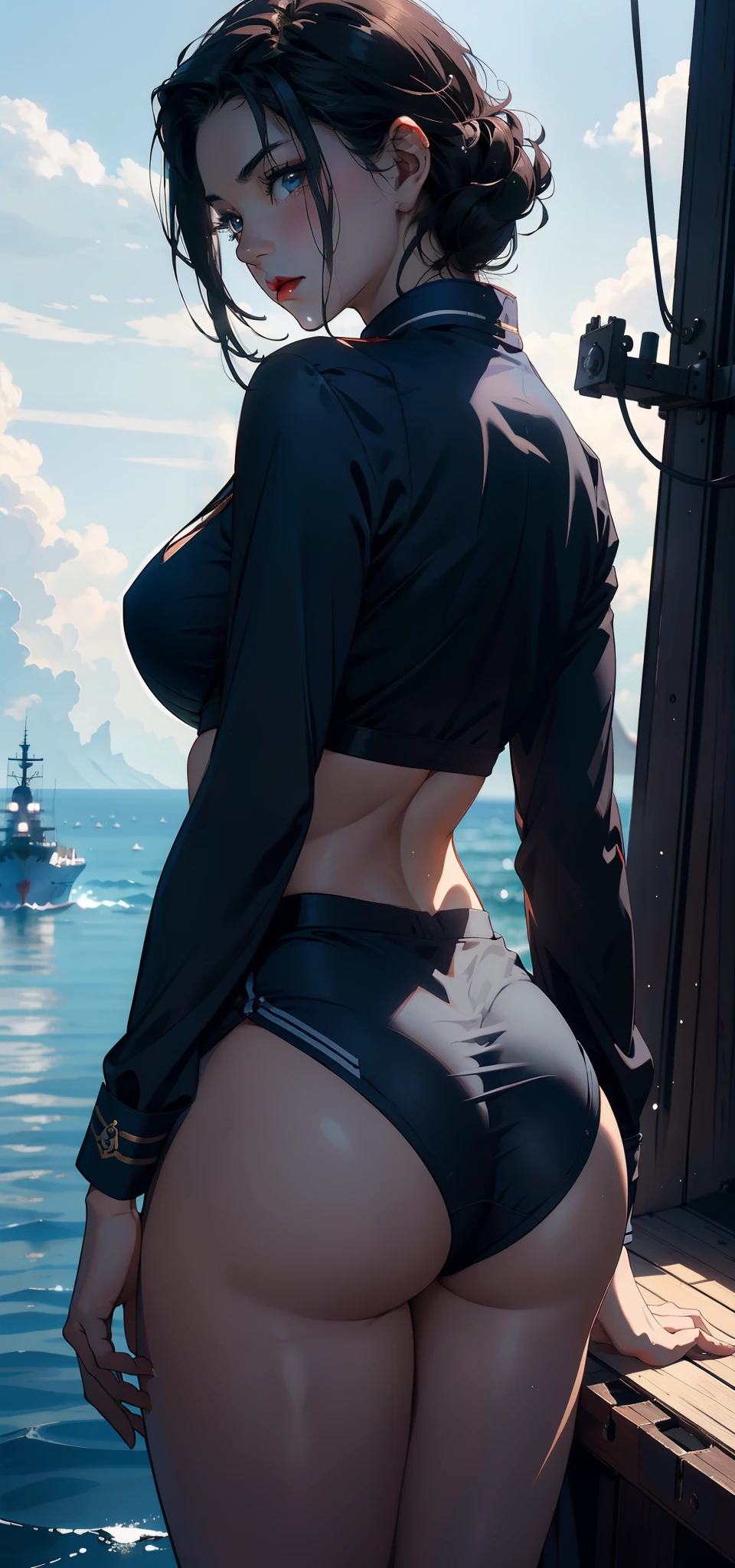 1female,43 yeas old,A MILF,熟妇,plumw,huge-breasted,Big breasts Thin waist,long leges, 独奏,(Background with:the sea,battleships,warships,at winter season,Blizzarding,Ship formation) She has very short black hair,bobo head,Stand on a warship,,seen from the front, hair straight, mostly cloudy sky,(((tmasterpiece),(Very detailed CG unity 8K wallpaper),best qualtiy,cinmatic lighting,detailed back ground,beatiful detailed eyes,Bright pupils,Blue eyes,(Very fine and beautiful),(Beautiful and detailed eye description),ultra - detailed,tmasterpiece,)),facing at camera,A high resolution,ultra - detailed),Snow-white skin,Redlip,revealing breasts,Bare genitalia, Bulge,legs are open,Raised sexy,Camel toes,Flushed complexion,Desire for dissatisfaction,frontage,Chinese Navy,Sailor's cap(Wearing:Dark blue sailor uniform,Bare breasts)