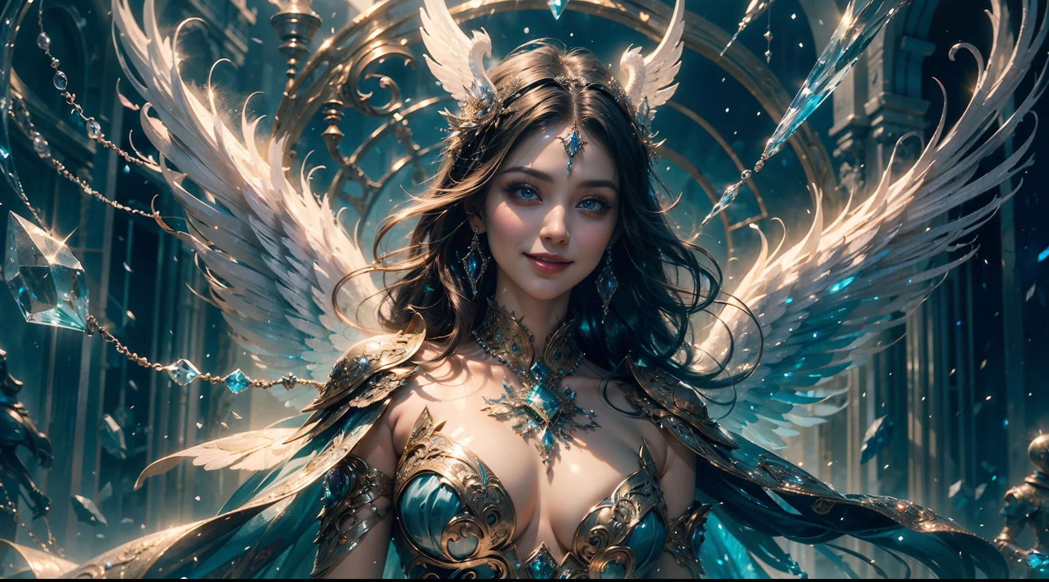 (Smile:1.3), Female angel, Angel wings, Large breasts，Complex surface details, Crystalcore, Bejeweled, Delicate close-up dress, Highly detailed fantasy characters, Amazing community, intricately ornamented, detailed fantasy digital art,