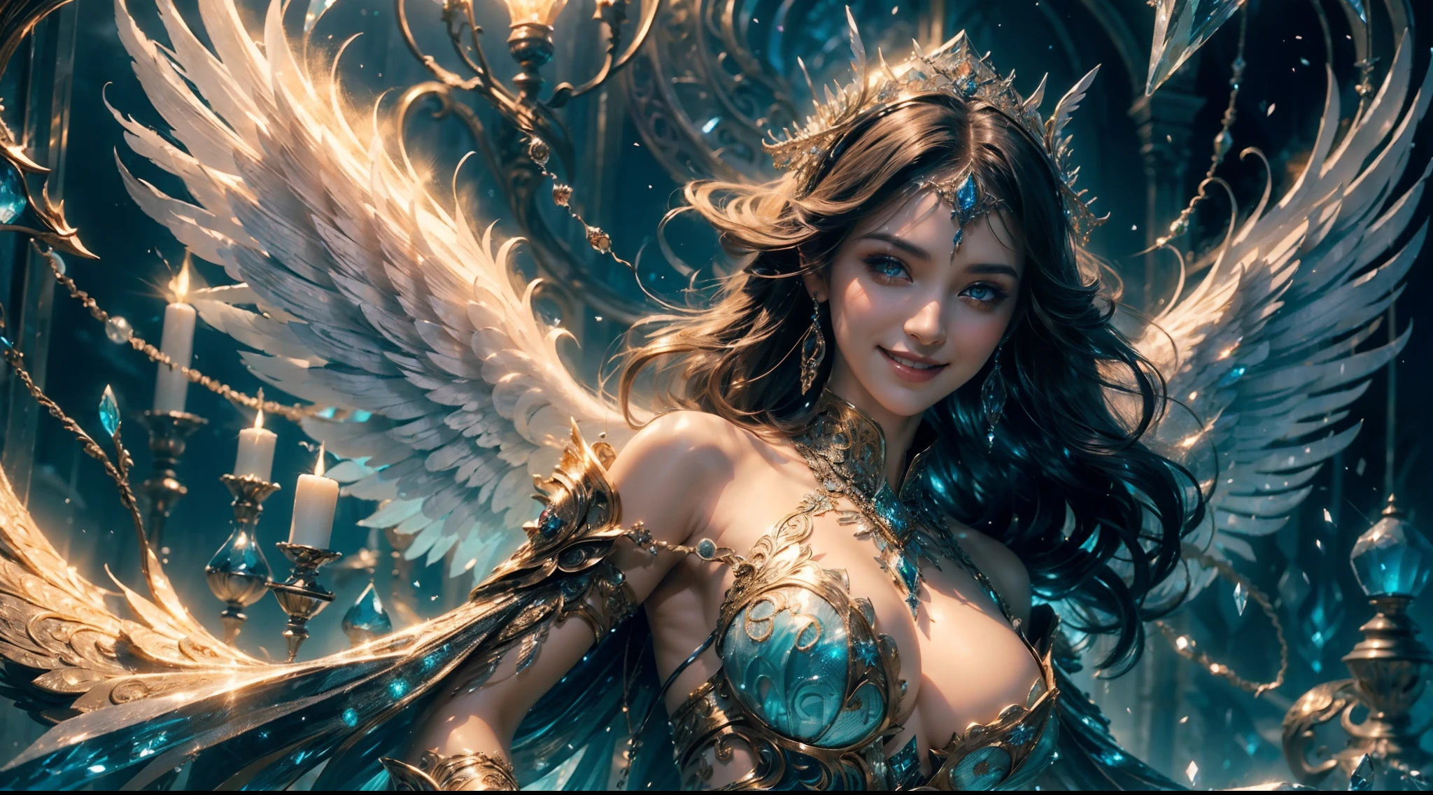 (Smile:1.3), Female angel, Angel wings, Large breasts,Complex surface details, Crystalcore, Bejeweled, Delicate close-up dress, Highly detailed fantasy characters, Amazing community, intricately ornamented, detailed fantasy digital art,