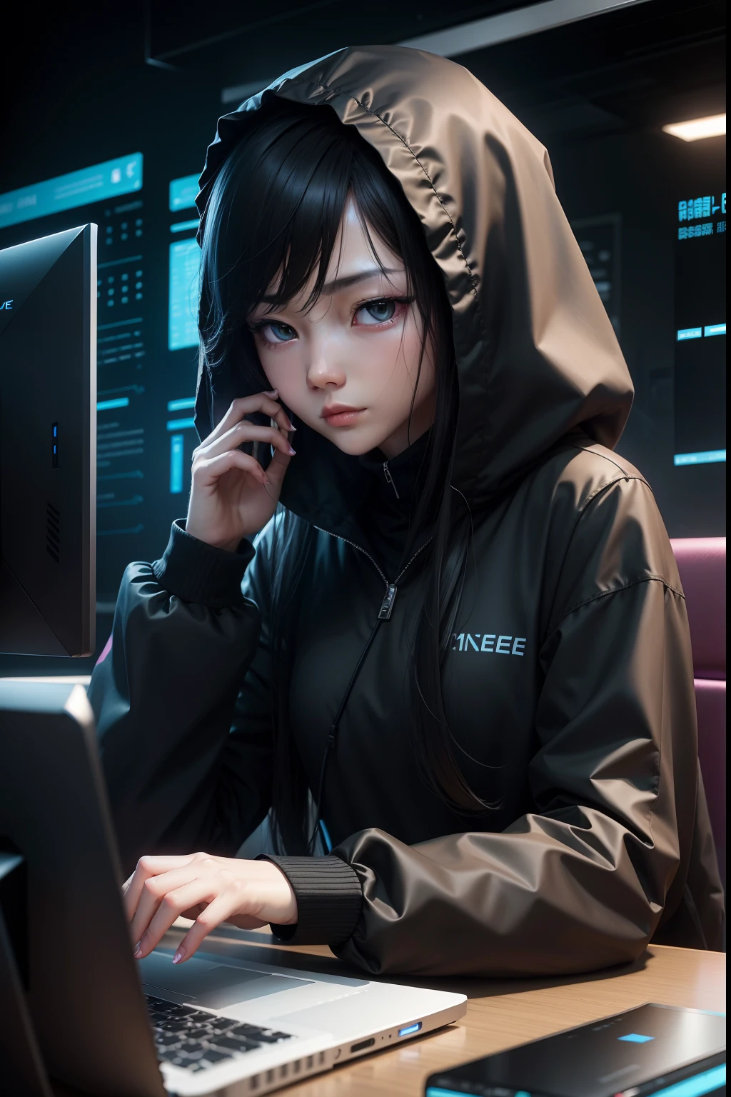 Cyber hacking，femele，Typing in front of the computer，dressed all in black，It's very mysterious。