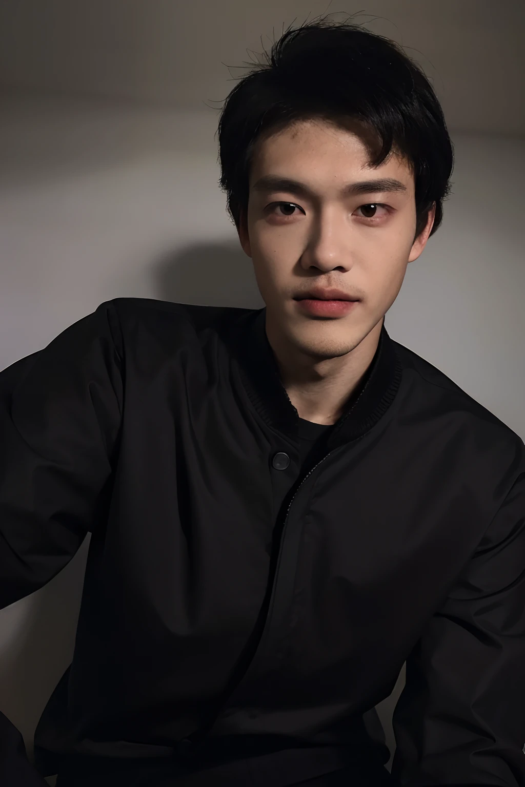 (masterpiece:1.2),(best_quality:1.4),(highres:1.1),(ultra-detailed:1.2),1 man,good_shoulder,fashion_model, model_pose, (black male perm hair),(eye close-up),model,(handsome) Clear eyes,Men's Hairstyle, black eyes, full body, school boy, dirty school uniform, black pants, standing, in dark school, chaos class room