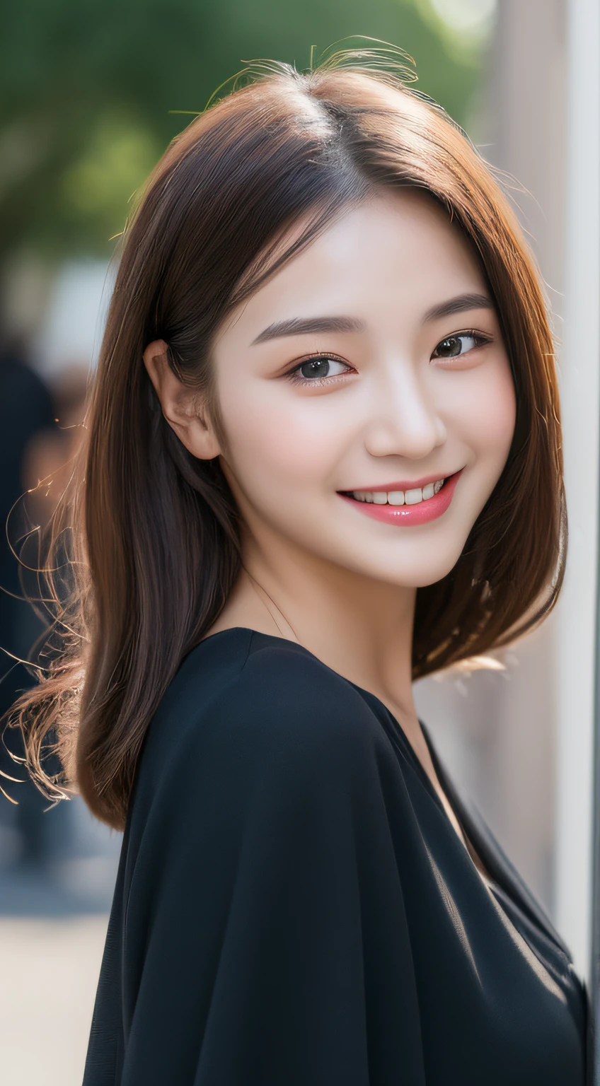 ((Best quality, 8k, Masterpiece :1.3)), 1girl, smiling, full body, slim face, Pretty woman, (Dark brown hair), full length dress :1.1, Ultra-detailed face, Detailed eyes, Double eyelid, blur background, slim face, city, outside, street,