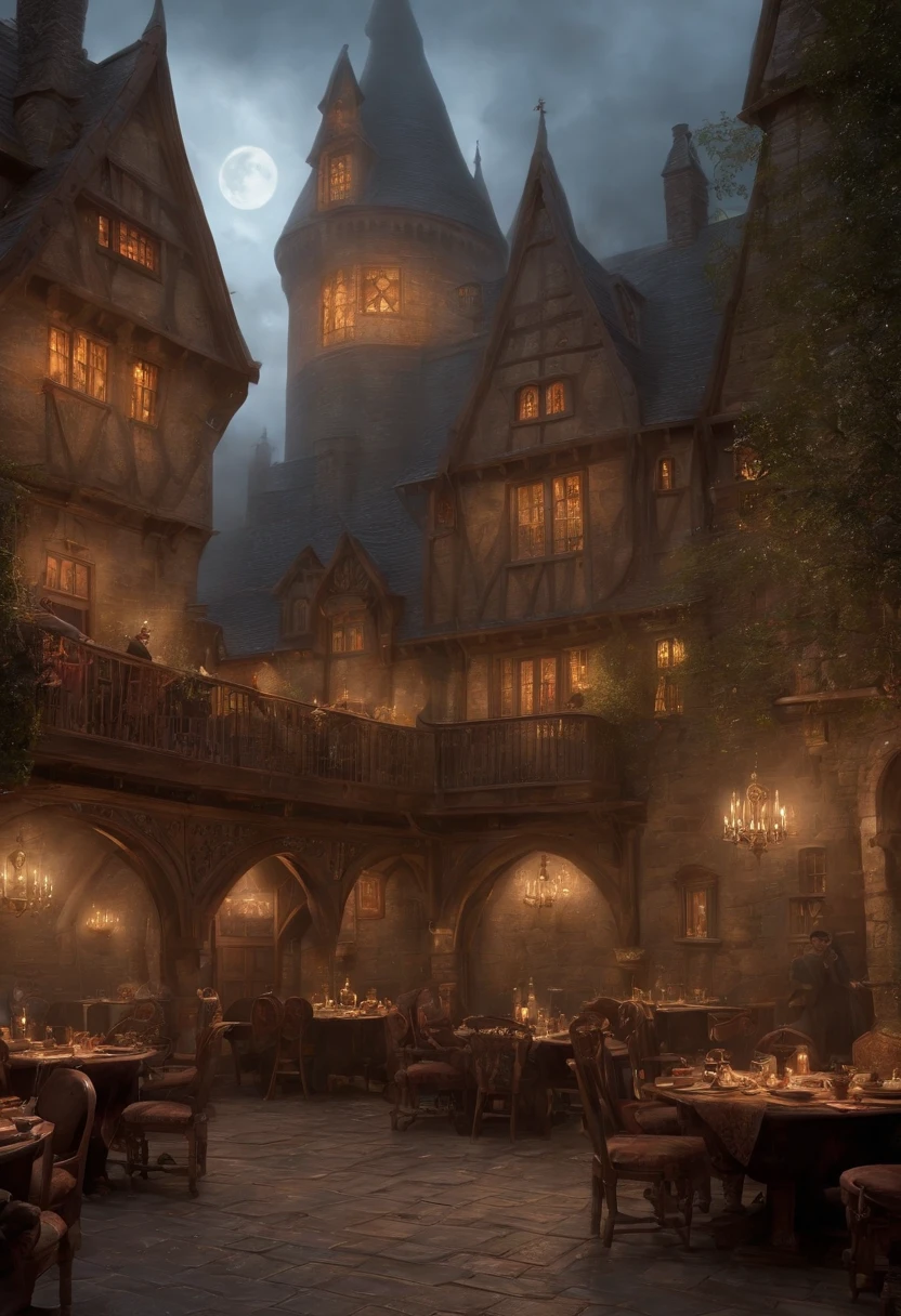 Fantasy art, very wide angle shot, Painting, Detailed , Deviant-art, contest winner, concept-art, , tim hildebrandt, fantasy, ((((Steampunk City)))) , , during night , , dreamlike realism, art  stations ,, The style of Adrianous Everson ,Not aesthetic architecture, cinematic Film still from,greg rutkovsky, Create reminiscent of《Harry Potter》The scenery of the movie, Gryffindor common room in the school,Use intricate details and dynamic design，Immerse the audience in the magical world of the Magical Campus. An illustration depicting an《Harry Potter》The awe and confusion evoked by the film.