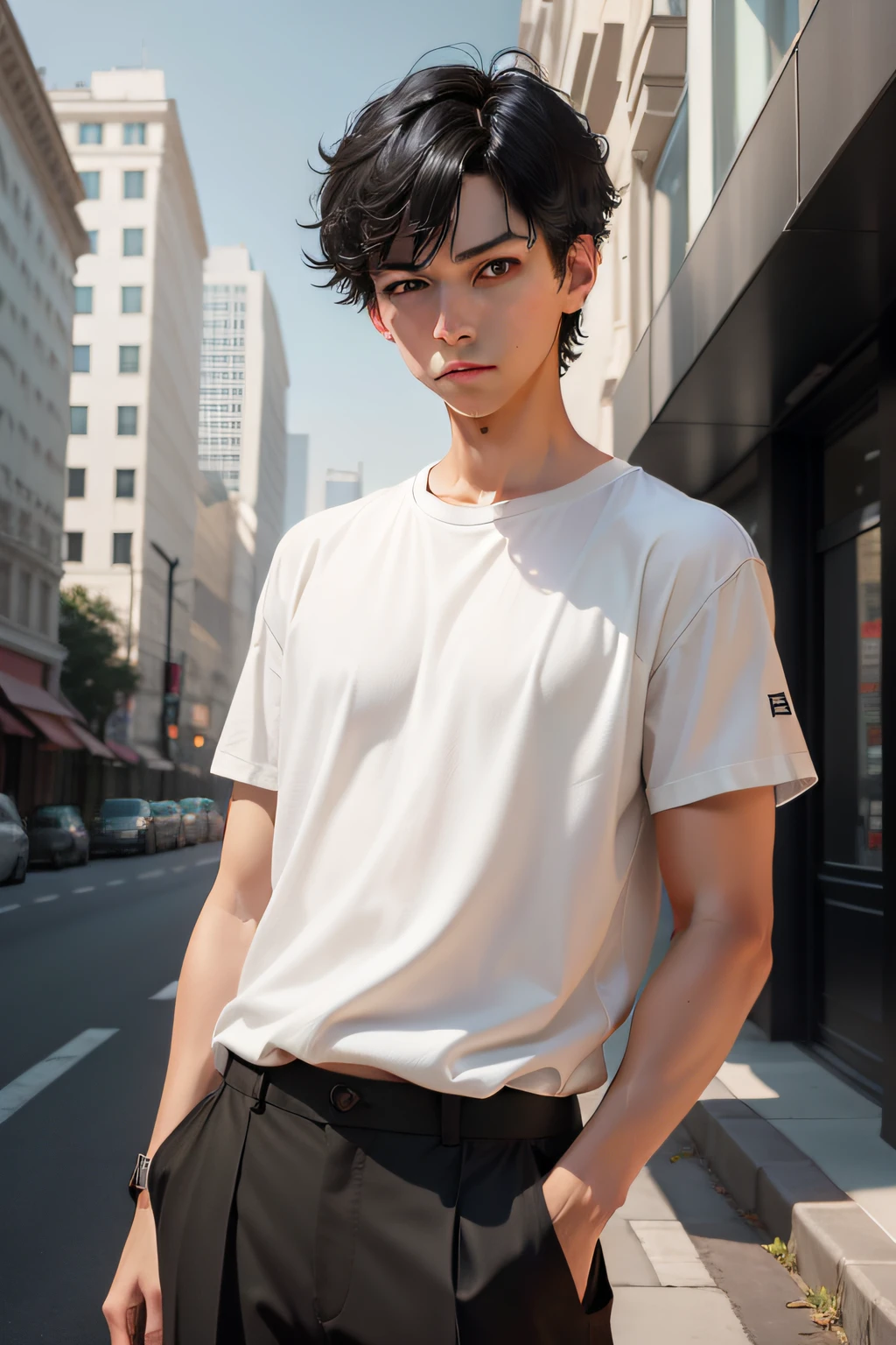 1boy, short black hair, green eyes, wearing plain white shirt, black pleated trousers, city, absurdres, high res, ultrasharp, 8K, masterpiece, looking at viewer