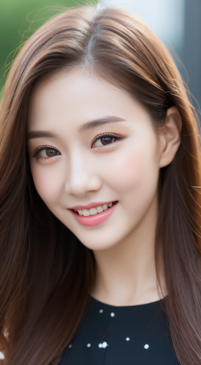 ((Best quality, 8k, Masterpiece :1.3)), 1girl, smiling, full body, slim face, Pretty woman, (Dark brown hair), full length dress :1.1, Ultra-detailed face, Detailed eyes, Double eyelid, blur background, slim face, city, outside, street,