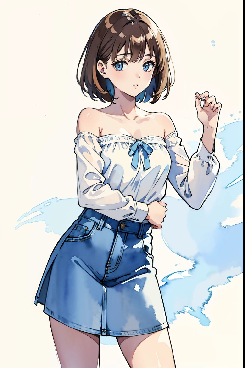 (((watercolor painting ))) beautiful ukrainian young woman in a strapless lightblue blouse, light blue denim short skirt, posing for a picture, long flowing brown hair, light washes. pencil sketch outline, full shot