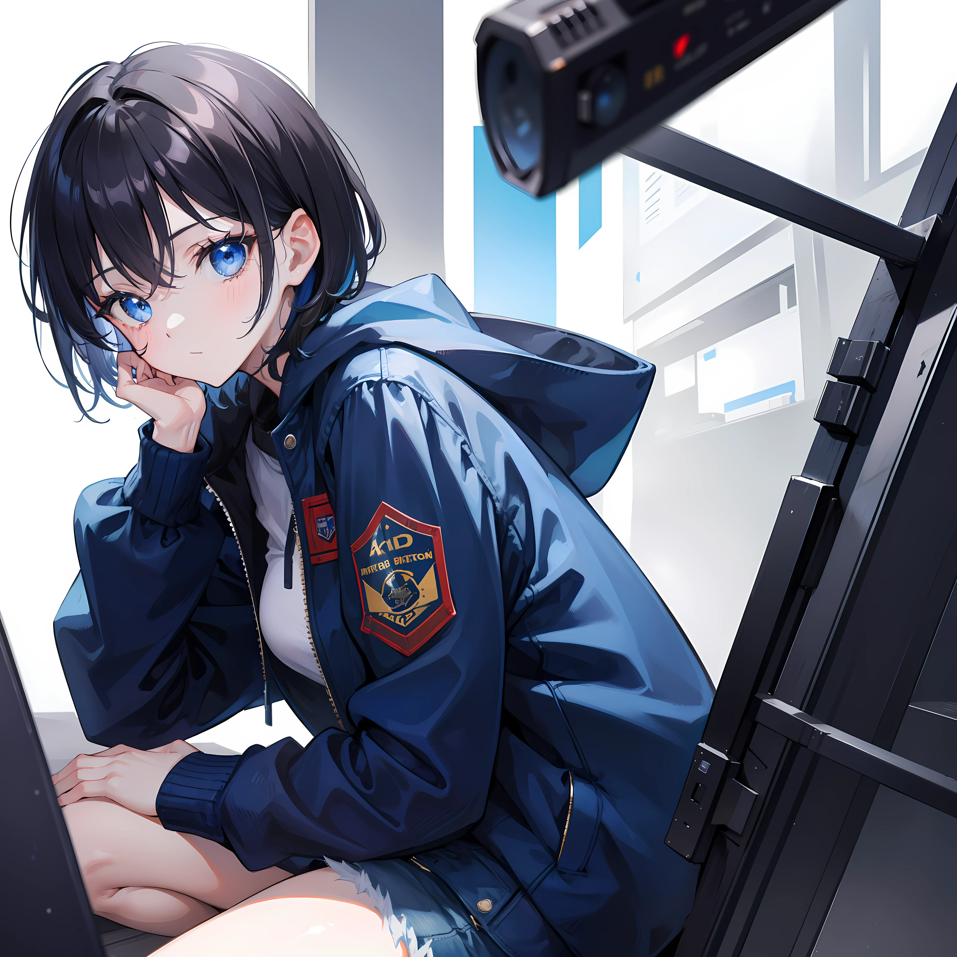 1girl, short black hair, blue eyes, wearing blue jacket, denim long city, absurdres, high res, ultrasharp, 8k, masterpiece, looking at viewer