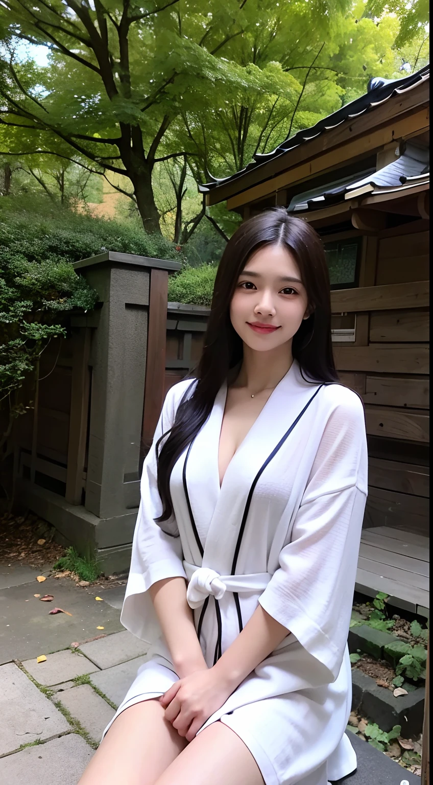 1 rapariga, long whitr hair, brown_Eyes, Black hair, build, Manteau, 耳Nipple Ring,bathrobe , cparted lips,ssmile, sat on the ground,looking at viewert, waterfallr,Chinese style buildings,in fall, 独奏, Bring your arms together, Ears come out,Detailed_Eyes, face in golden proportions, The body of the golden ratio, best qualtiy,hyper HD,facing at the camera,The body is centered