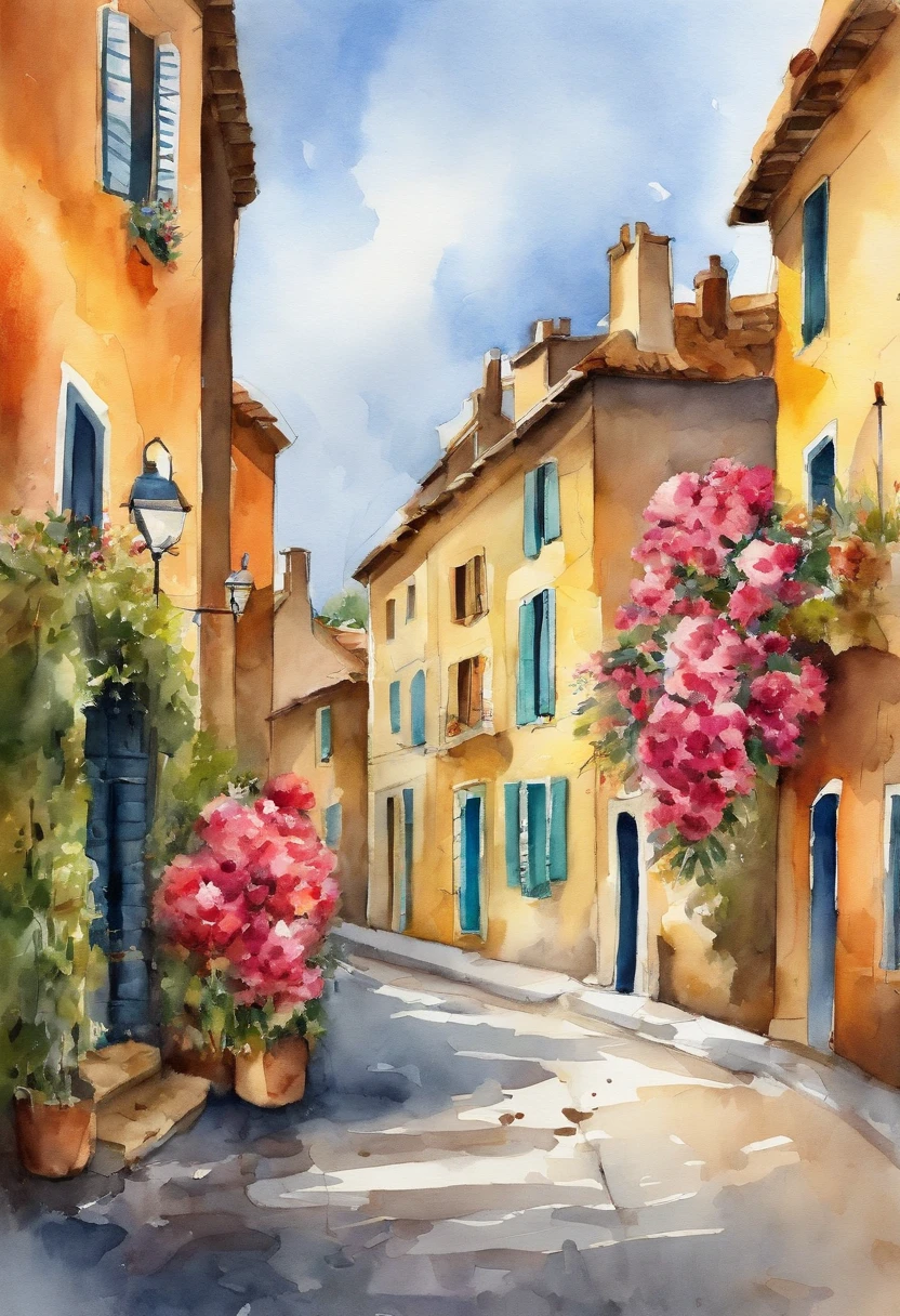 Carnation Street Art Illustration France, In the style of colorful cityscape, Quiet moments captured with paint, Wes Anderson, Raoul Dufy, Animated Illustration, Composition of trompe l'oeil, the panorama