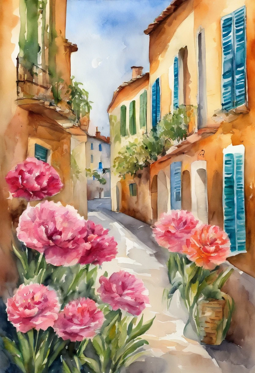 Carnation Street Art Illustration France, In the style of colorful cityscape, Quiet moments captured with paint, Wes Anderson, Raoul Dufy, Animated Illustration, Composition of trompe l'oeil, the panorama