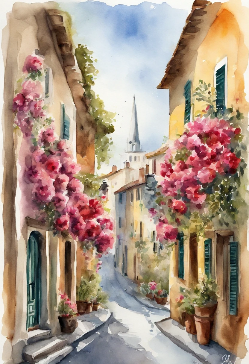 Carnation Street Art Illustration France, In the style of colorful cityscape, Quiet moments captured with paint, Wes Anderson, Raoul Dufy, Animated Illustration, Composition of trompe l'oeil, the panorama