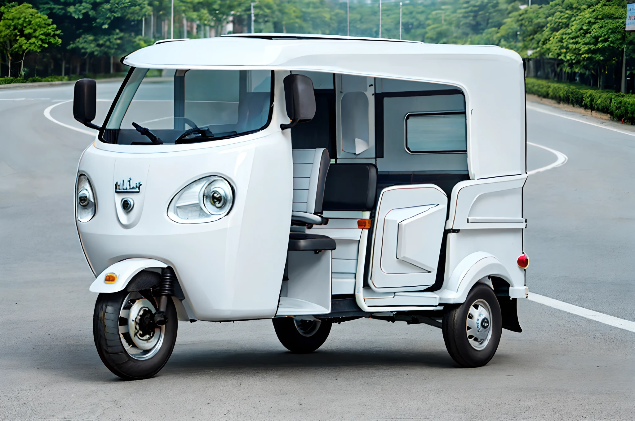 Three-wheeled tuk-tuk,White car paint shape,Rich shapes,Overall roundness,Drive on the streets of Cambodia。