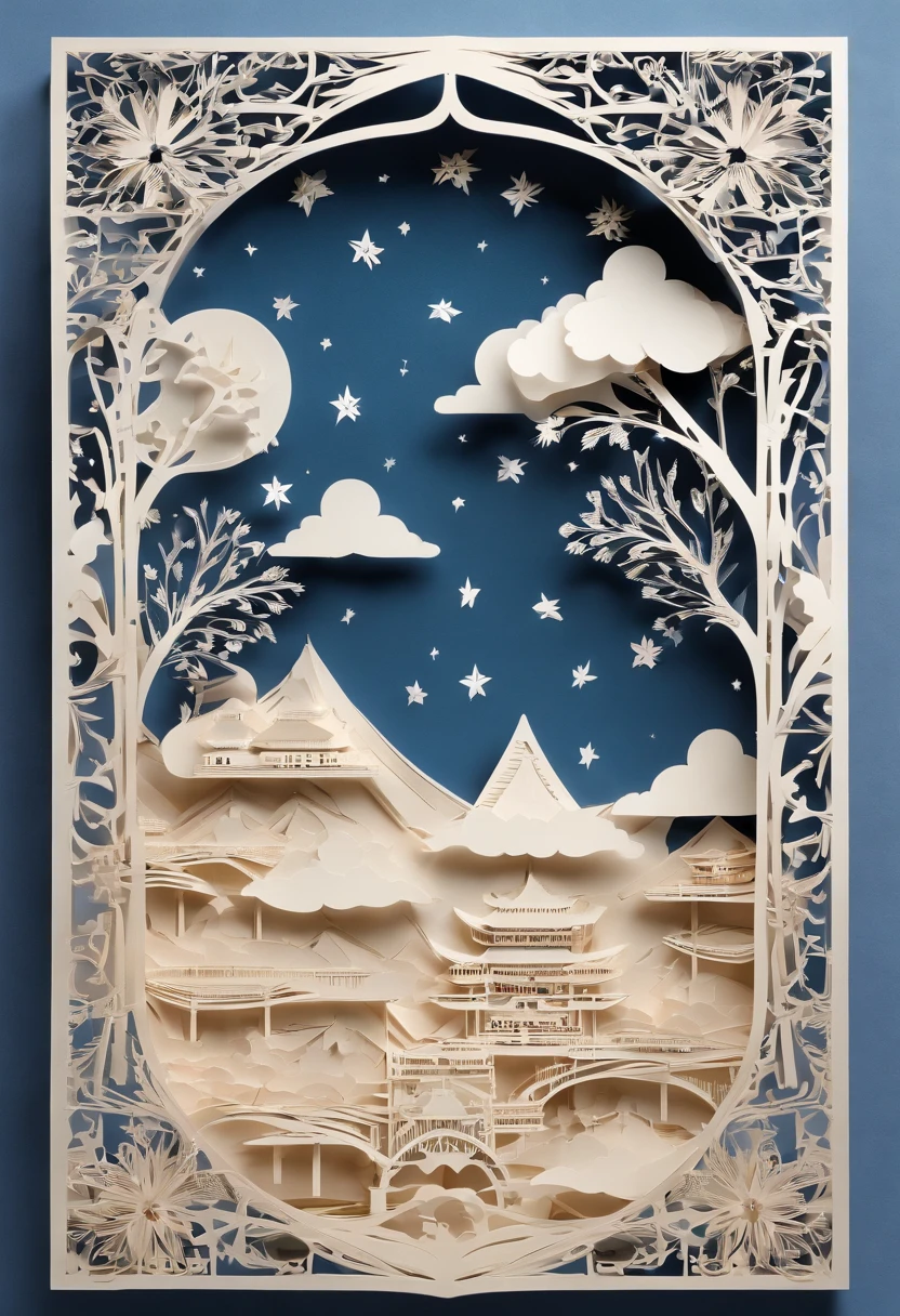 Create a detailed illustration of Tokyo Skytree crafted from paper cutting. The Skytree should be intricately designed with fine, precise cuts to showcase its iconic structure. The paper should have a crisp, clean look with sharp edges and detailed patterns to highlight the architectural elements. Use soft, natural lighting to enhance the textures and shadows created by the paper cuts. The background can be simple, with a subtle gradient or plain color, to keep the focus on the paper-cut Skytree. The overall atmosphere should be delicate and artistic, capturing the craftsmanship and beauty of paper art