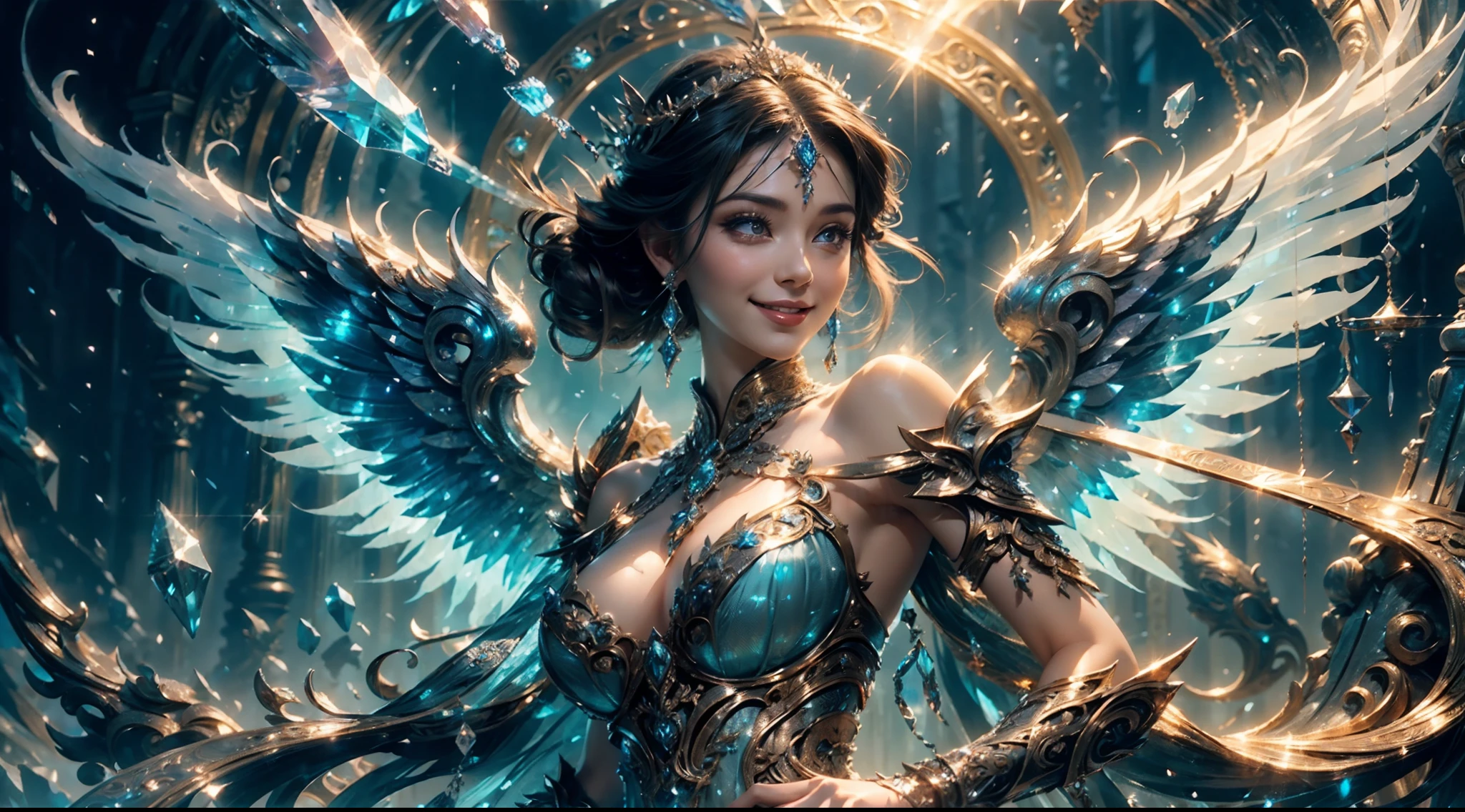 (Smile:1.3), Female angel, Angel wings, Large breasts,Complex surface details, Crystalcore, Bejeweled, Delicate close-up dress, Highly detailed fantasy characters, Amazing community, intricately ornamented, detailed fantasy digital art,
