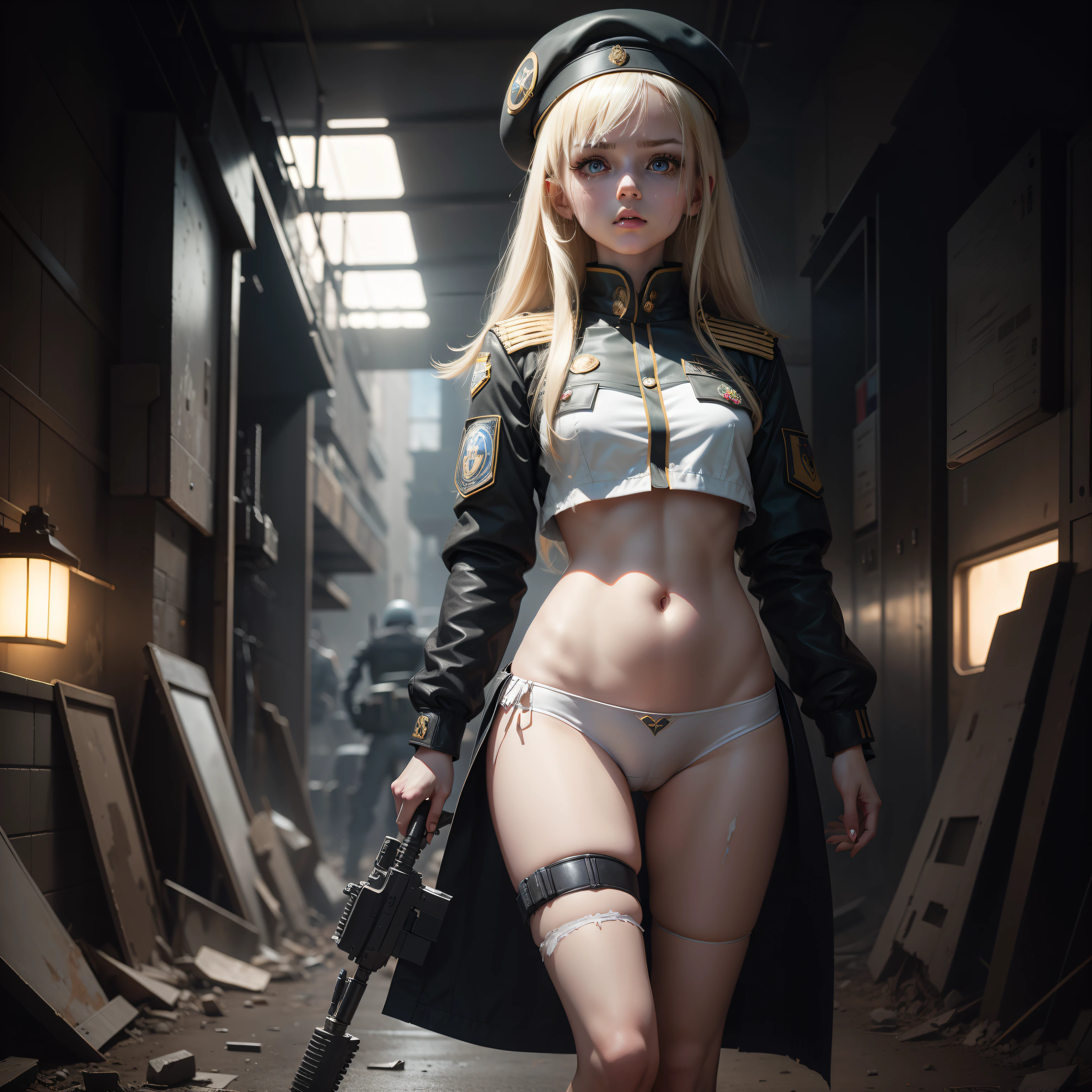 ukrainian girl , Ukrainian anime girls , , Ukraine , Full body composition of young girl with messy bright blonde hair,eye make up, , Soft lighting, Solo, Old torn dirty shabby futuristic military uniform, badges, Pose, Blotch color, Octane Render, Hyperrealistic intricate detail, Cinematic, 8K resolution, 70mm, Accent Lighting, Global Illumination, Full body portrait, clean detailed faces, intricate clothing, Cute face, flat chest, Slim waist, Slim legs, small hips,Show white cloth underwear,Wearing a beret,Special Forces Clothing,