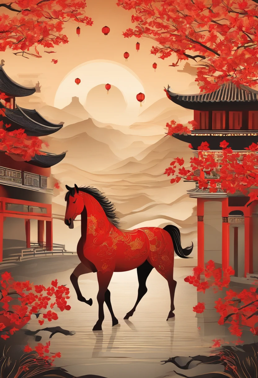 Paper Cuttings style,Oriental style pattern style,There is a large zodiac horse in the middle,On the streets of ancient China,There are festive lanterns and traditional architecture in the background
