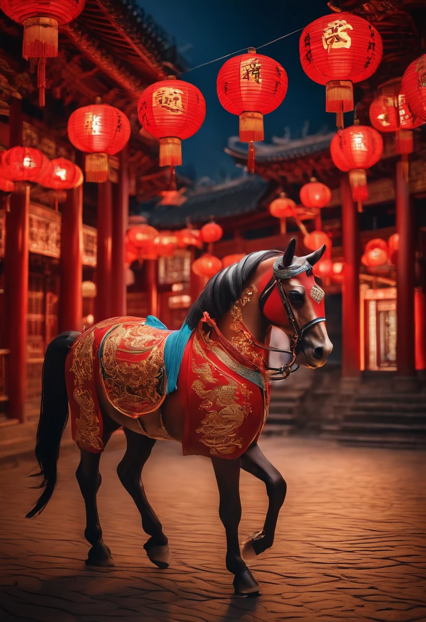 Paper Cuttings style，Oriental style pattern style，There is a large zodiac horse in the middle，On the streets of ancient China，There are festive lanterns and traditional architecture in the background