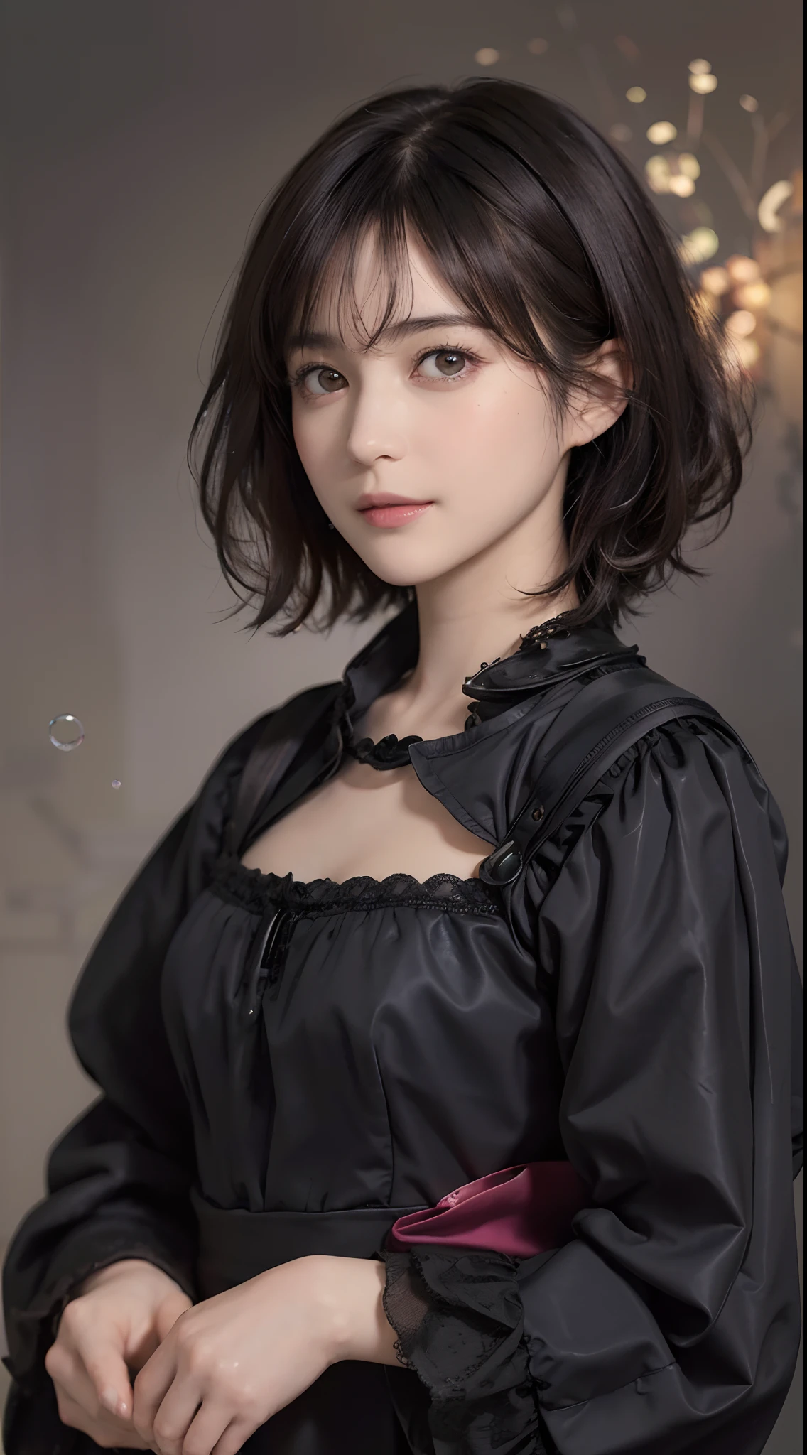 (masutepiece:1.3), (8K picture quality), Photorealsitic, Raw photo, (Best Quality: 1.4), (1womanl), Pretty Face, (Realistic face), (A dark-haired, Short hair:1.5), Beautiful hairstyle, ((Chest chest)), Ultra-high definition resolution, the golden ratio, , depth of fields, 电影灯光, A slight smil, (Soap bubbles:1.1), Oil Painting, Rembrandt, Light and Darkness, ((Contrasty))