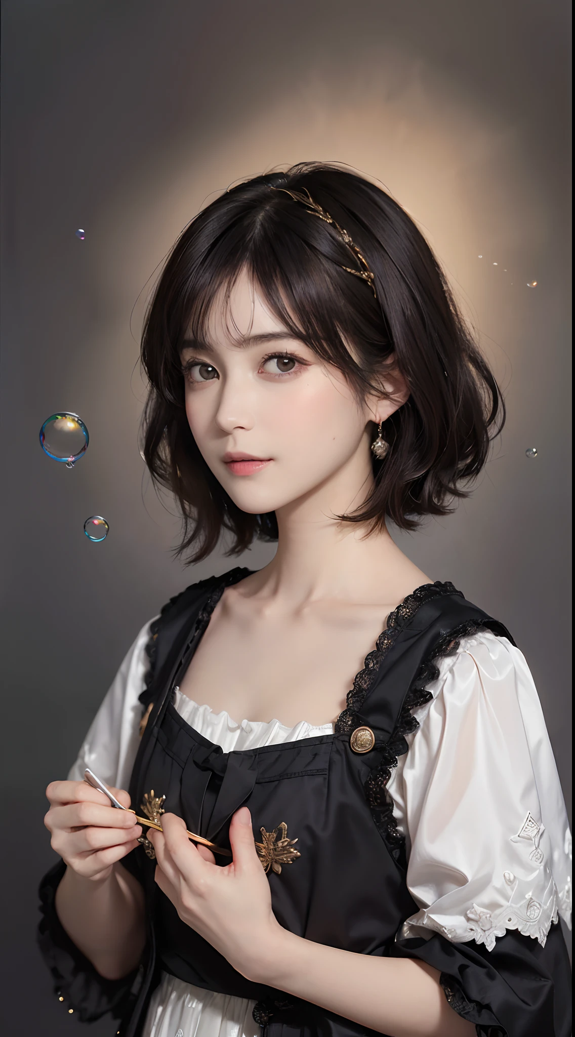 (masutepiece:1.3), (8K picture quality), Photorealsitic, Raw photo, (Best Quality: 1.4), (1womanl), Pretty Face, (Realistic face), (A dark-haired, Short hair:1.5), Beautiful hairstyle, ((Chest chest)), Ultra-high definition resolution, the golden ratio, , depth of fields, 电影灯光, A slight smil, (Soap bubbles:1.1), Oil Painting, Rembrandt, Light and Darkness, ((Contrasty))