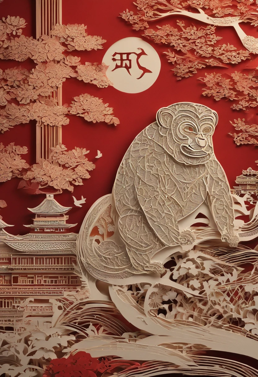 Paper Cuttings style，Oriental style pattern style，There is a large zodiac monkey in the middle，On the streets of ancient China，There are festive lanterns and traditional architecture in the background
