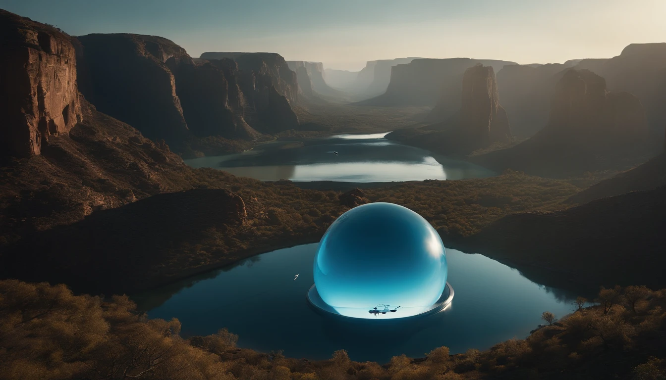 A quiet canyon，There is a wide river in the center。Above the canyon，Several futuristic style drones fly in the air。A transparent crystal ball floats in the middle of the river，The inside is filled with blue liquid。An alien spaceship is docked at the edge of the canyon，Several blue aliens communicate with humans。In the sky in the distance，Several planets of different colors can be seen。