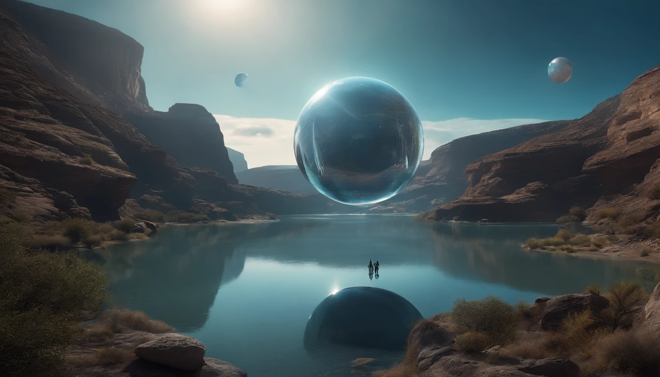 A quiet canyon,There is a wide river in the center。Above the canyon,Several futuristic style drones fly in the air。A transparent crystal ball floats in the middle of the river,The inside is filled with blue liquid。An alien spaceship is docked at the edge of the canyon,Several blue aliens communicate with humans。In the sky in the distance,Several planets of different colors can be seen。