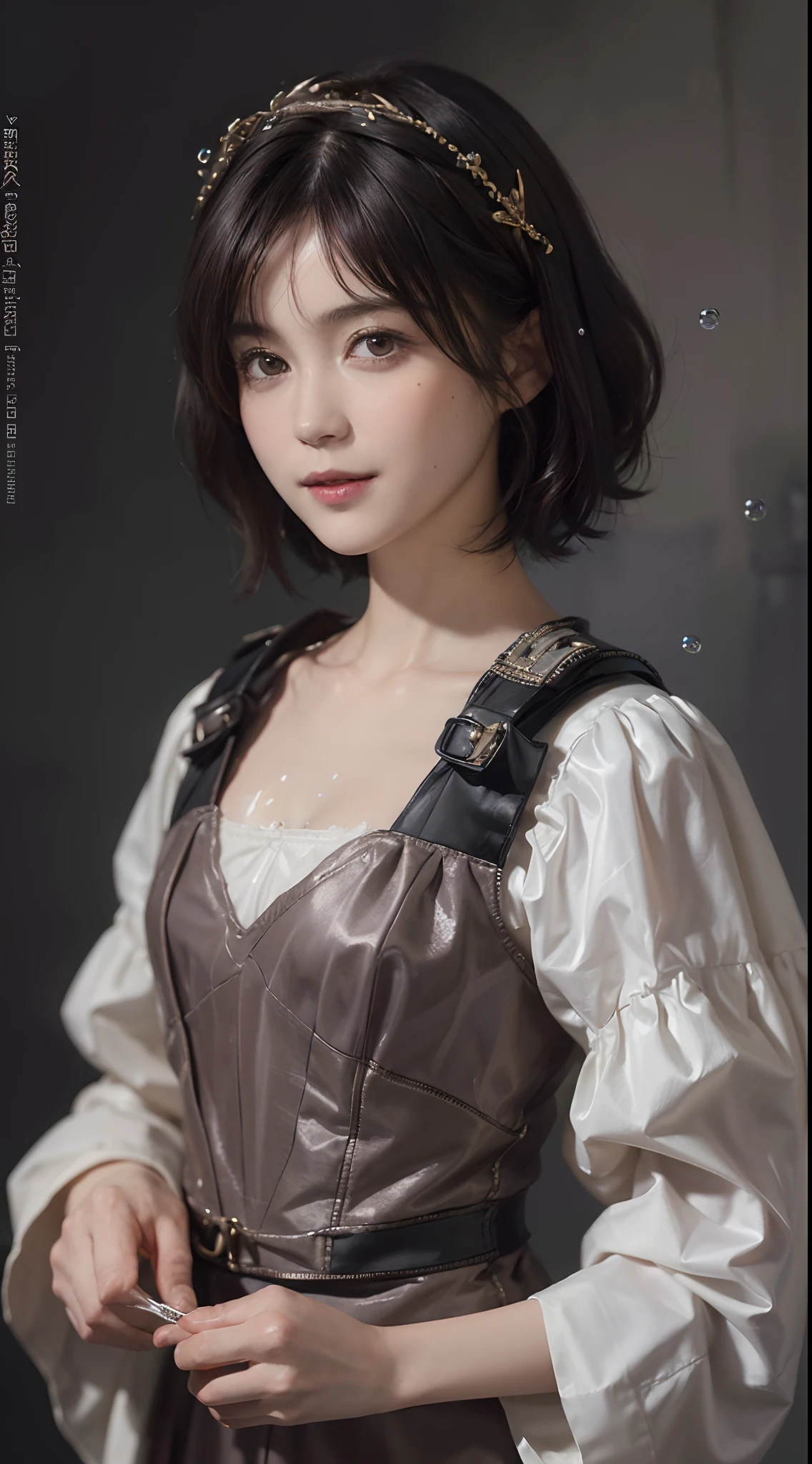 (masutepiece:1.3), (8K picture quality), Photorealsitic, Raw photo, (Best Quality: 1.4), (1womanl), Pretty Face, (Realistic face), (A dark-haired, Short hair:1.5), Beautiful hairstyle, ((Chest chest)), Ultra-high definition resolution, the golden ratio, , depth of fields, 电影灯光, A slight smil, (Soap bubbles:1.1), Oil Painting, Rembrandt, Light and Darkness, ((Contrasty))