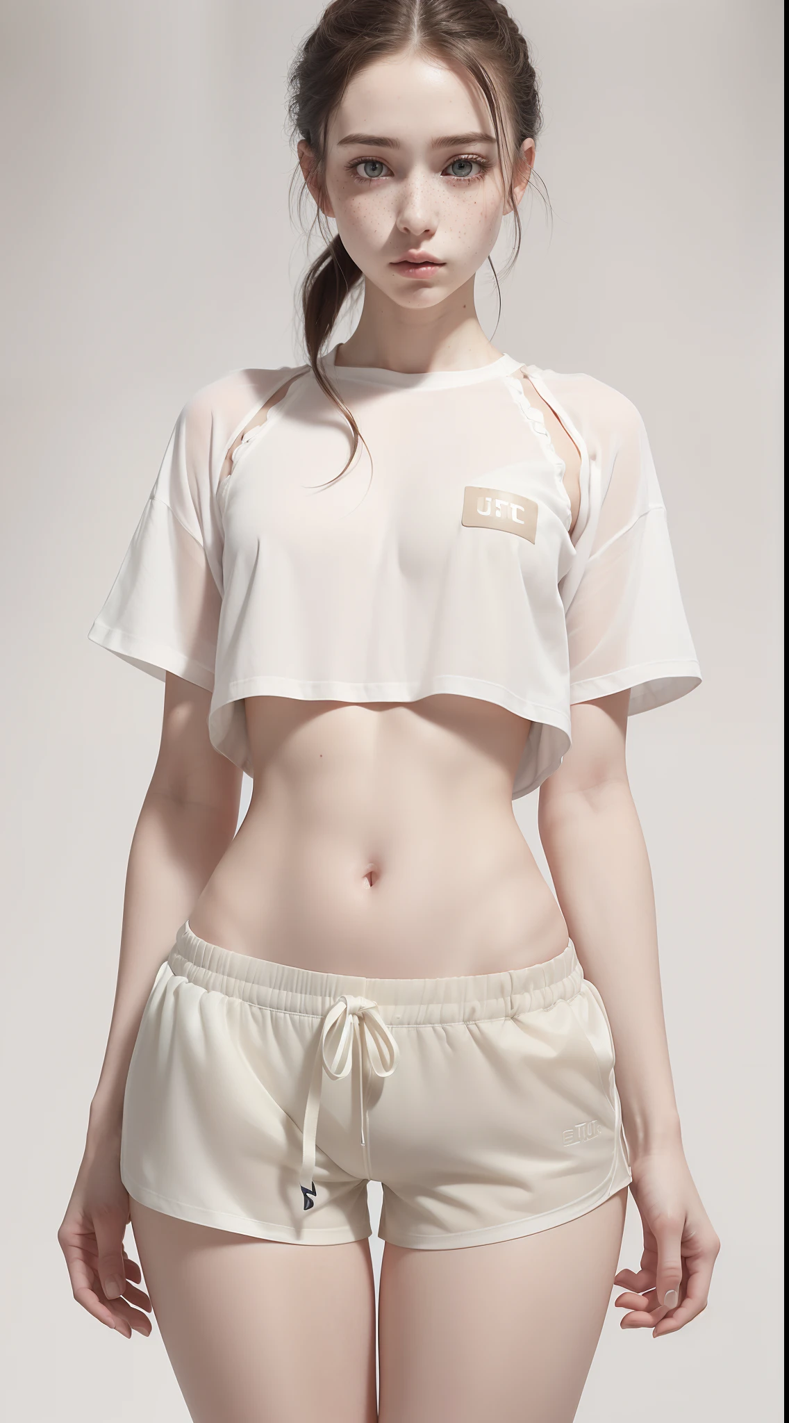 dynamic pose,1girl,pale skin,delicate face,freckles,intricate details,(baggy shirt,gym shorts:1.3),small waist,(wide thigh gap:1.3,thick thighs:1.3),white background,(best quality:1.2,ultra-detailed,realistic:1.37),portrait,soft colors,polished lighting