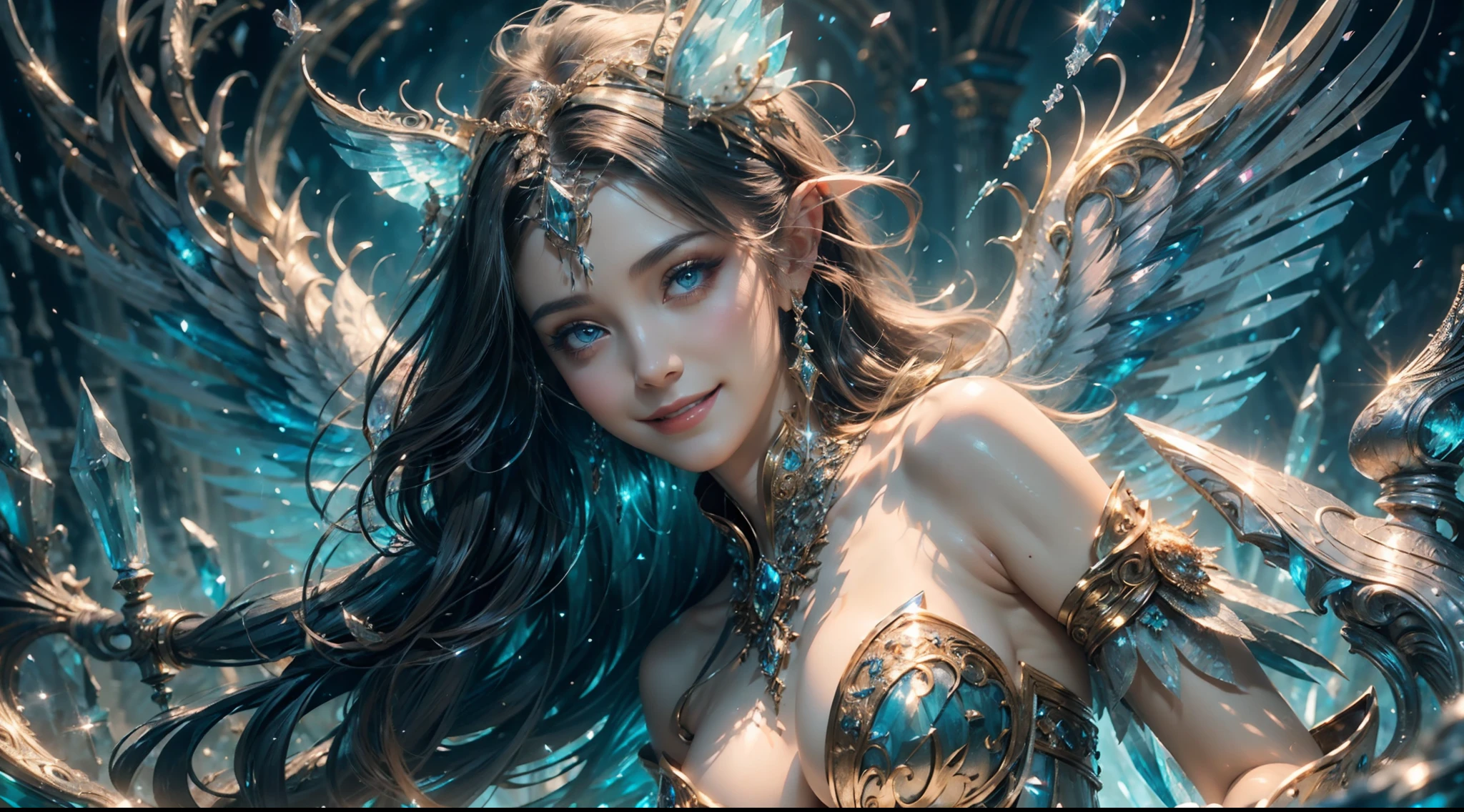 (Smile:1.3), Female angel, Angel wings, Large breasts，Complex surface details, Crystalcore, Bejeweled, Delicate close-up dress, Highly detailed fantasy characters, Amazing community, intricately ornamented, detailed fantasy digital art,