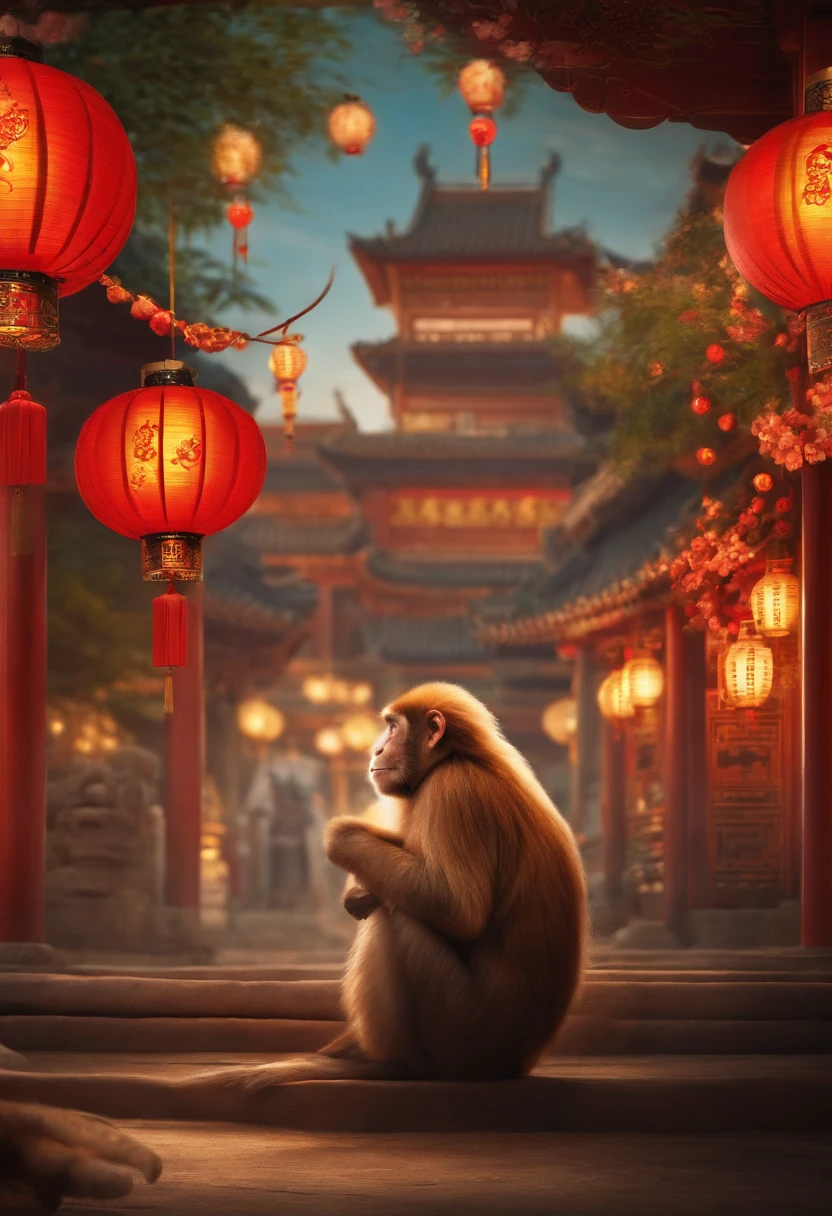 Oriental style pattern style，There is a large zodiac monkey in the middle，On the streets of ancient China，There are festive lanterns and traditional architecture in the background