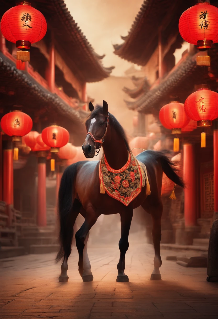 Oriental style pattern style,There is a large zodiac horse in the middle,On the streets of ancient China,There are festive lanterns and traditional architecture in the background