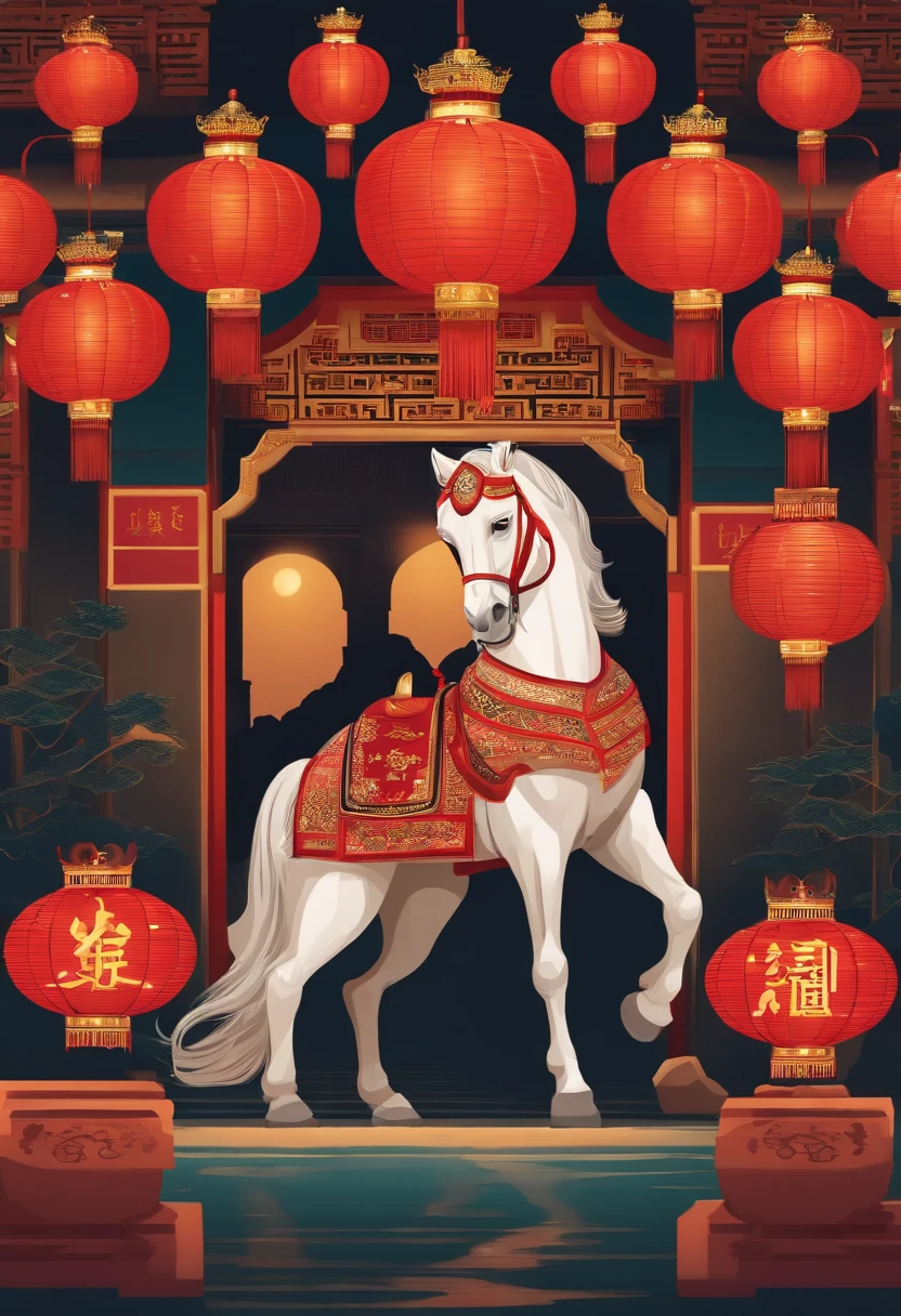 Oriental style pattern style,There is a large zodiac horse in the middle,On the streets of ancient China,There are festive lanterns and traditional architecture in the background