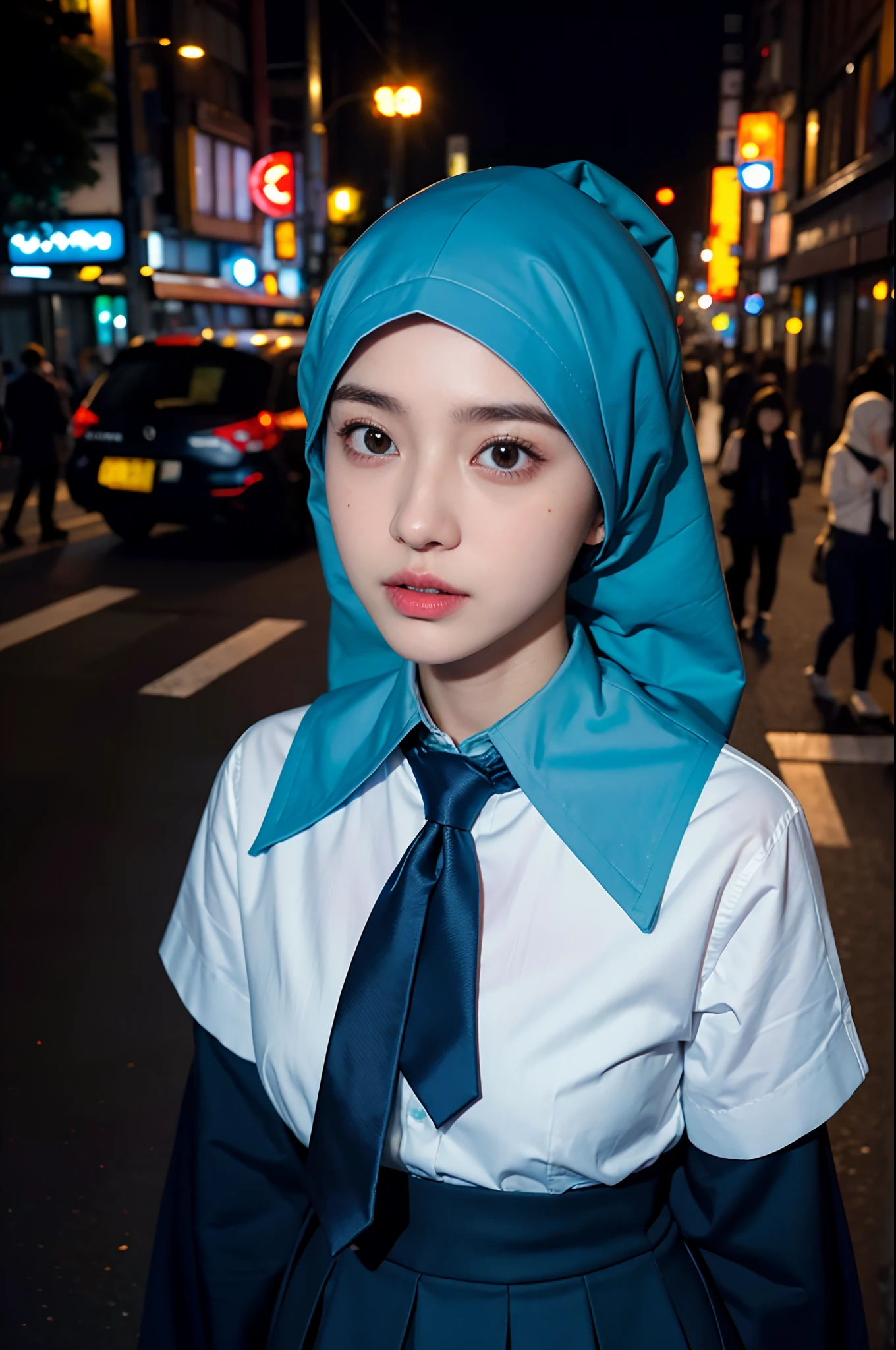 1girl, Tokyo street,night, cityscape,city lights, upper body,close-up, 8k, RAW photo, best quality, masterpiece,realistic, photo-realistic, wearing a modern hijab, white shirt, blue tie, blue skirt