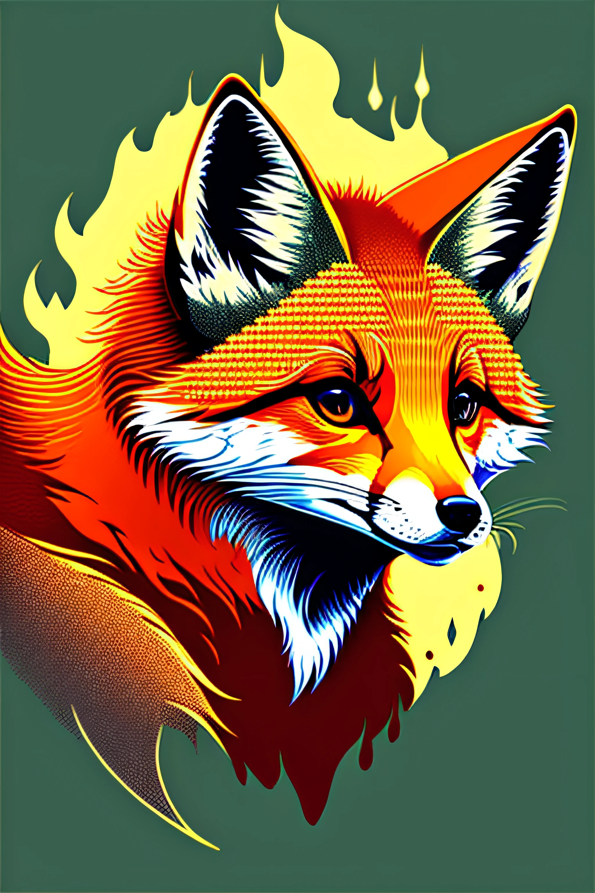 Design of the drawing of a fox in vector art, colores fuertes, alra definicion, fantasy, en fondo blaco, listo para estampar en camiseta, sin bordes. silueta completa.