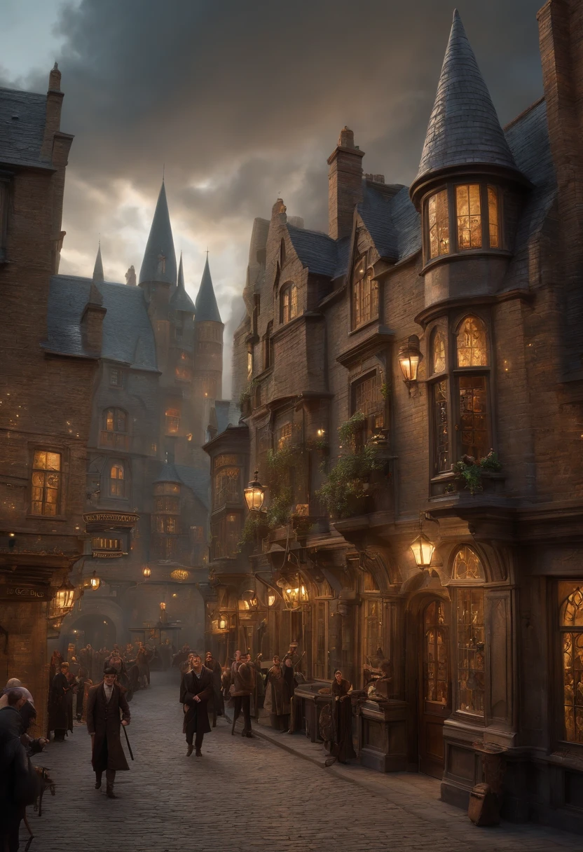 Fantasy art, very wide angle shot, Painting, Detailed , Deviant-art, contest winner, concept-art, , tim hildebrandt, fantasy, ((((Steampunk City)))),,In the daytime,, dreamlike realism, art stations ,, The style of Adrianous Everson ,Not aesthetic architecture, cinematic Film still from,greg rutkovsky, Create reminiscent of《Harry Potter》The scenery of the movie, Diagon Alley and Gringotts exterior,Use intricate details and dynamic design,Immerse your audience in a magical world. An illustration depicting an《Harry Potter》The awe and confusion evoked by the film.