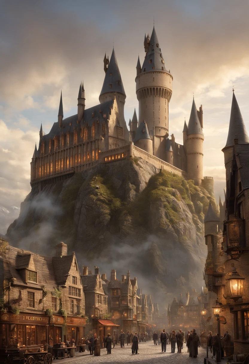 Fantasy art, very wide angle shot, Painting, Detailed , Deviant-art, contest winner, concept-art, , tim hildebrandt, fantasy, ((((Steampunk City)))),,In the daytime,, dreamlike realism, art stations ,, The style of Adrianous Everson ,Not aesthetic architecture, cinematic Film still from,greg rutkovsky, Create reminiscent of《Harry Potter》The scenery of the movie, Diagon Alley and Gringotts exterior,Use intricate details and dynamic design,Immerse your audience in a magical world. An illustration depicting an《Harry Potter》The awe and confusion evoked by the film.
