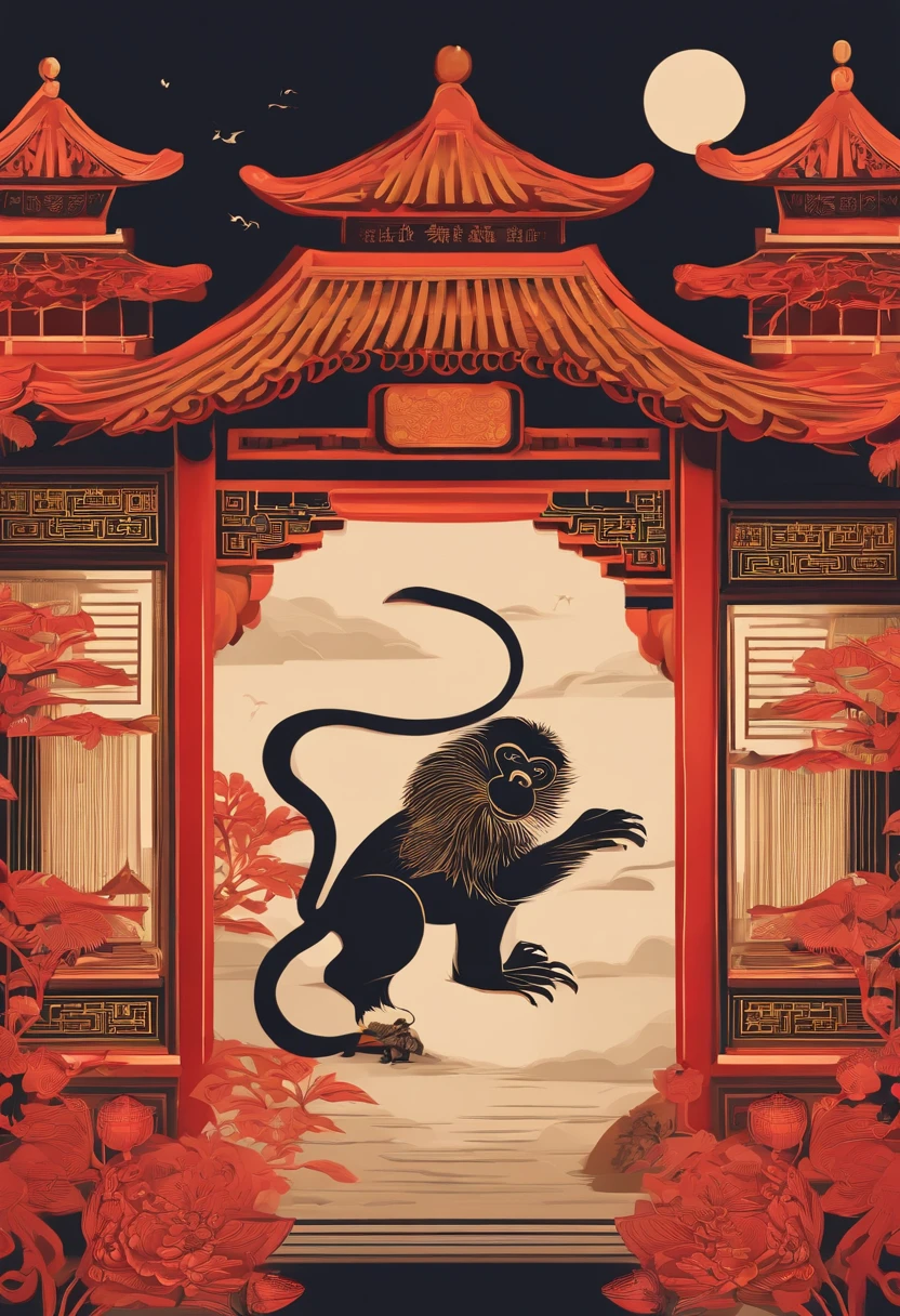 Paper cut style,Oriental style pattern style,There is a large zodiac monkey in the middle,On the streets of ancient China,There are festive lanterns and traditional architecture in the background
