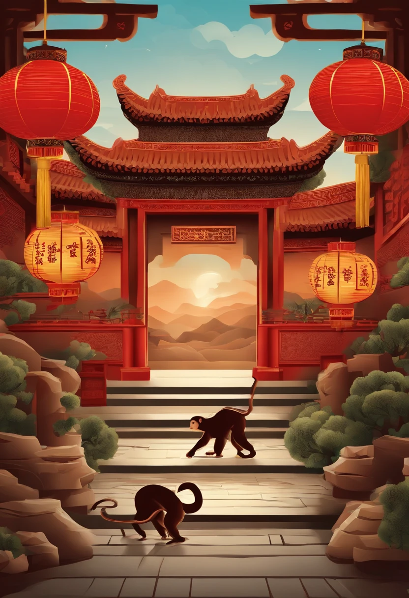 Paper cut style，Oriental style pattern style，There is a large zodiac monkey in the middle，On the streets of ancient China，There are festive lanterns and traditional architecture in the background